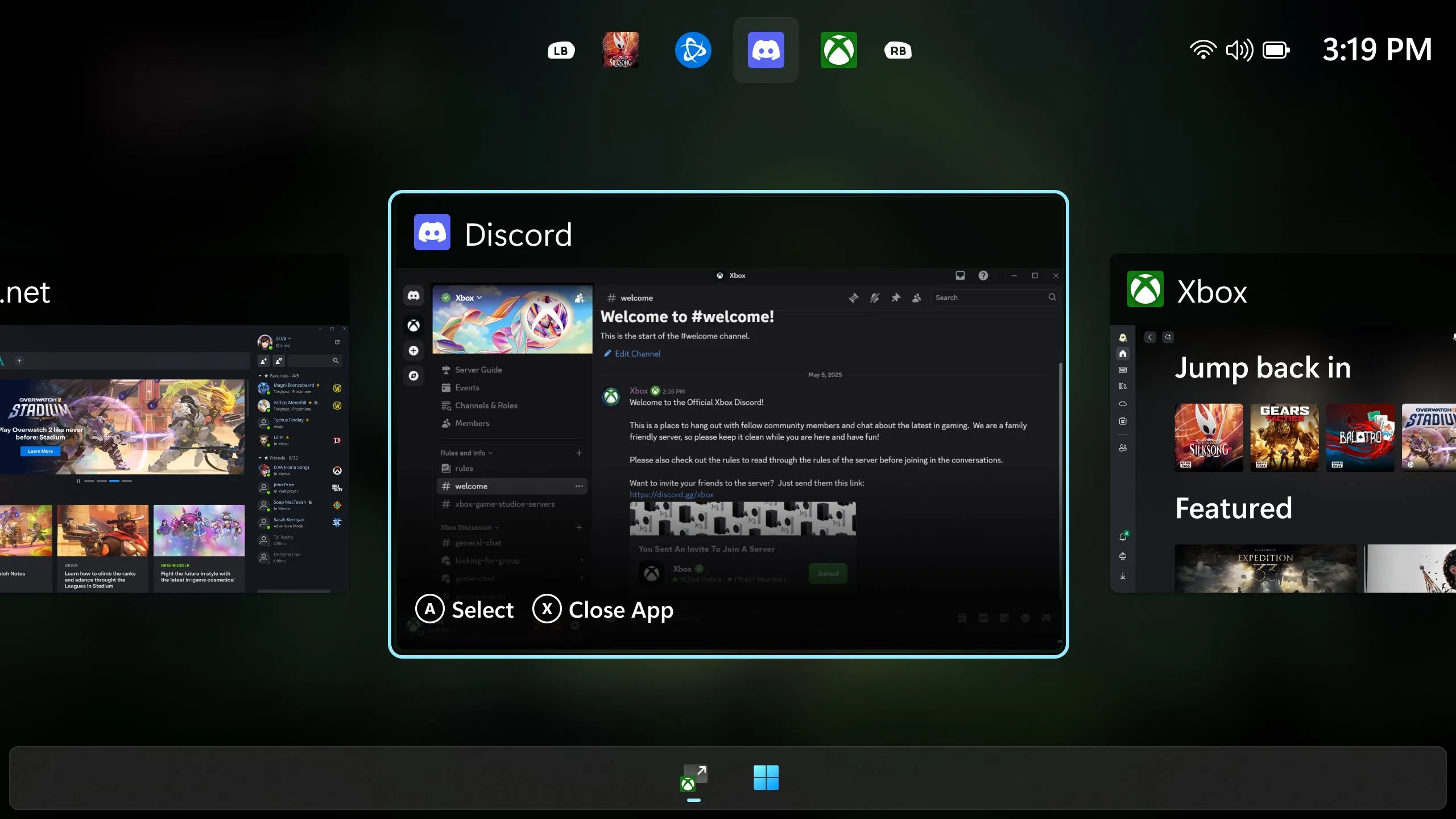 Giao diện chuyển đổi ứng dụng trên Windows được tối ưu cho tay cầm, mang lại trải nghiệm liền mạch như console.