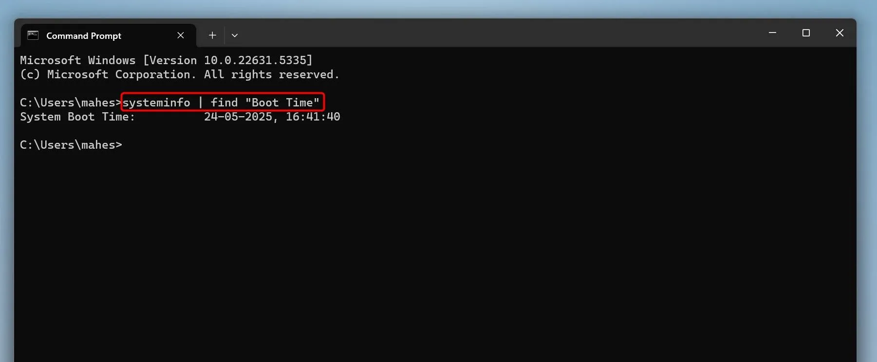 Giao diện Command Prompt hiển thị kết quả của lệnh &quot;systeminfo | find &quot;Boot Time&quot;&quot; để kiểm tra thời gian khởi động gần nhất của hệ thống