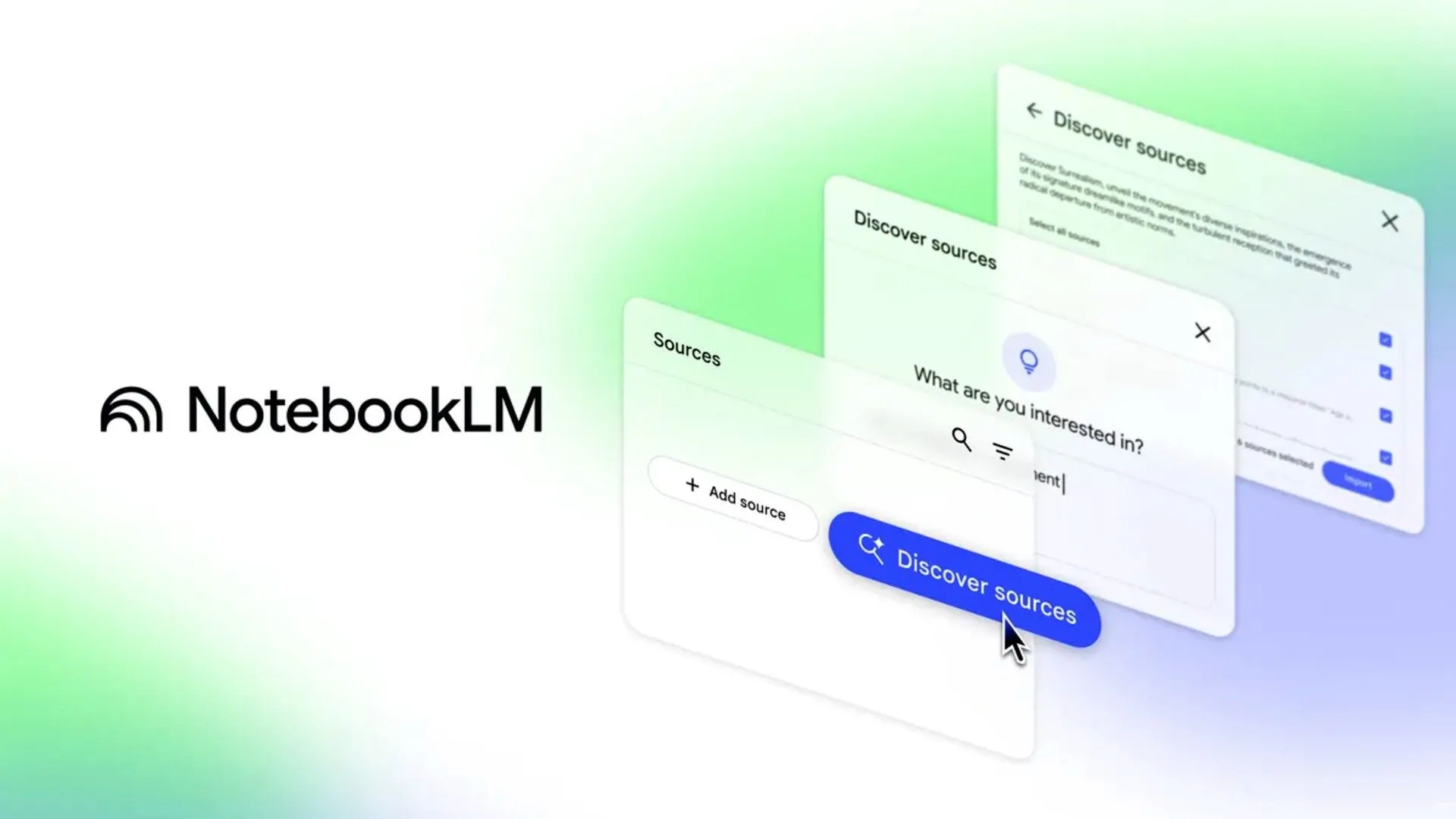 Giao diện công cụ nghiên cứu Google NotebookLM, hiển thị tính năng &quot;Discover sources&quot; mới được tích hợp AI Gemini.