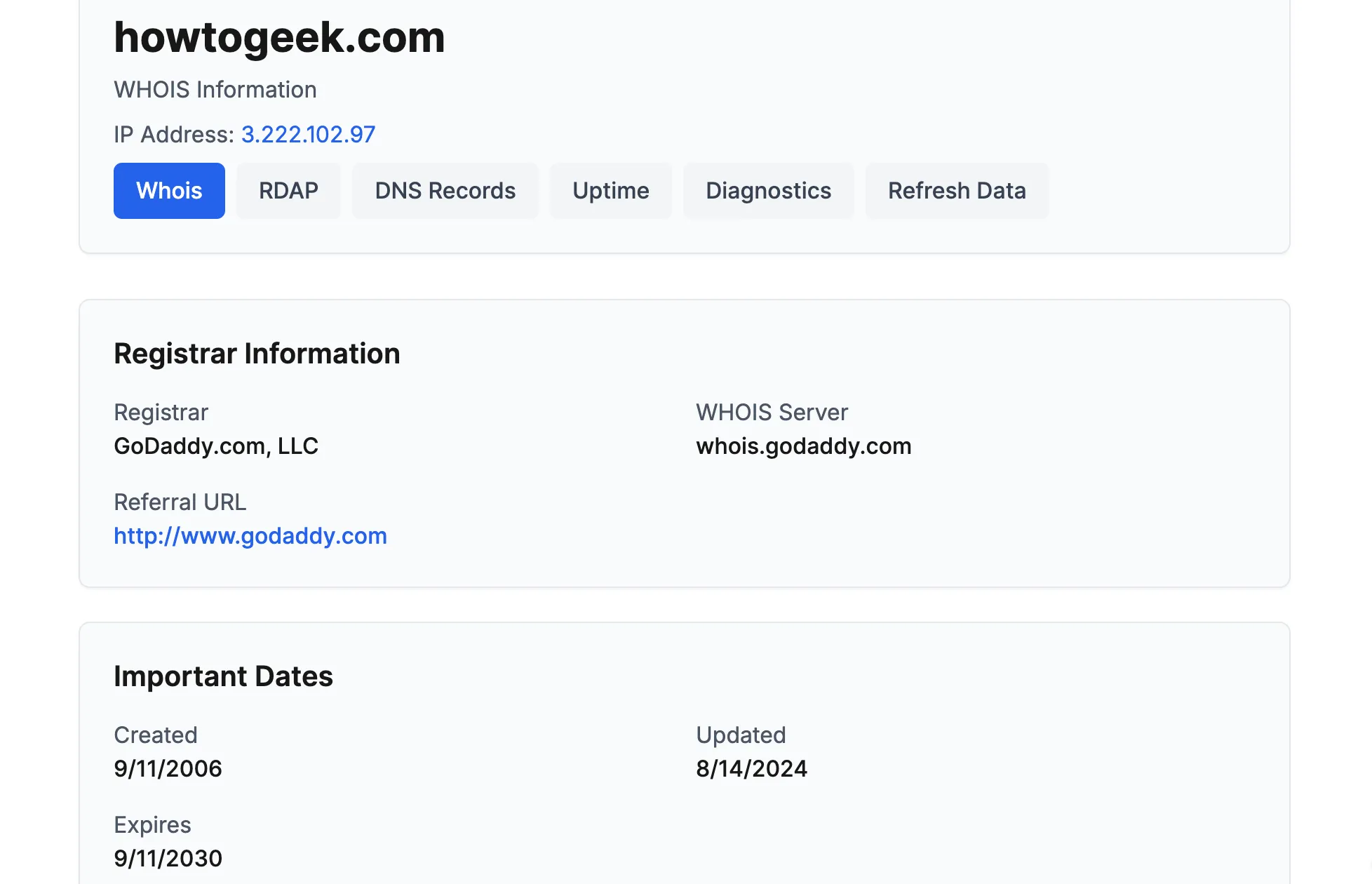 Giao diện công cụ WHOIS trên trang who.is hiển thị thông tin đăng ký và tuổi của tên miền How-To Geek, minh họa cách kiểm tra độ tin cậy của website.