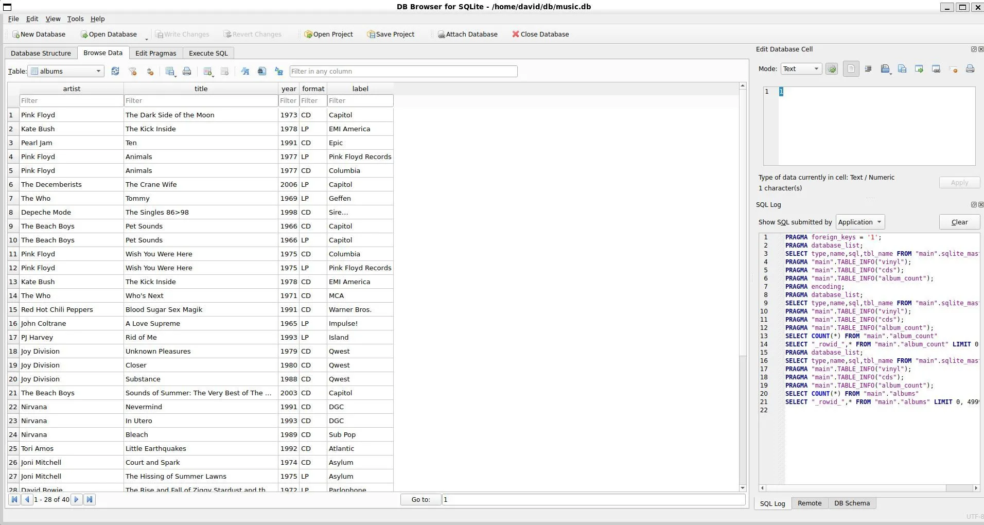 Giao diện DB Browser cho SQLite hiển thị bảng 'albums' với các cột dữ liệu album nhạc.