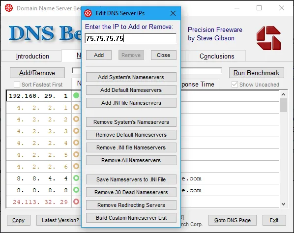 Giao diện DNS Benchmark cho phép người dùng thêm thủ công địa chỉ IP của DNS server để kiểm tra.