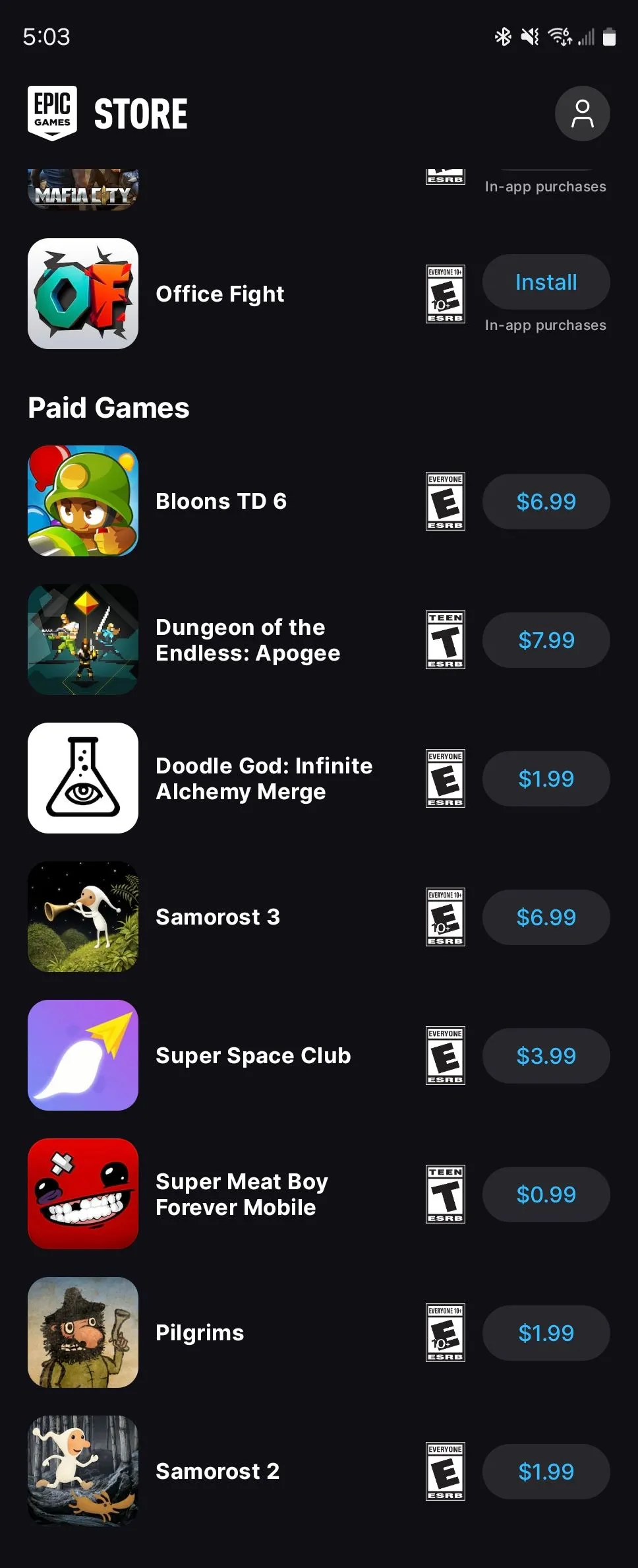 Giao diện duyệt game trong Epic Games Store trên Android, tập trung vào hình ảnh và mô tả ngắn gọn của từng trò chơi.