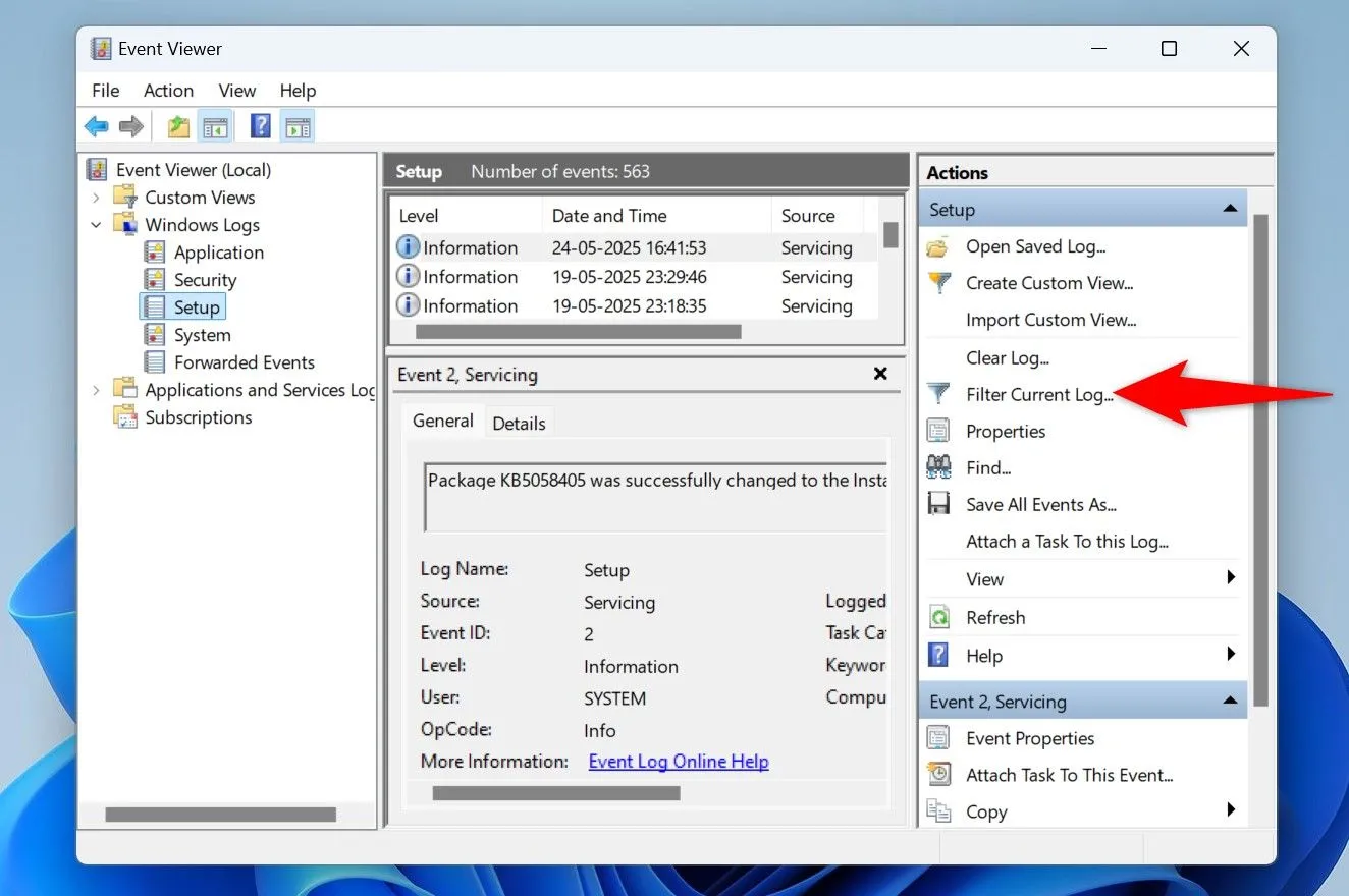 Giao diện Event Viewer hiển thị tùy chọn lọc nhật ký hiện tại để tìm các sự kiện liên quan đến khởi động lại máy tính