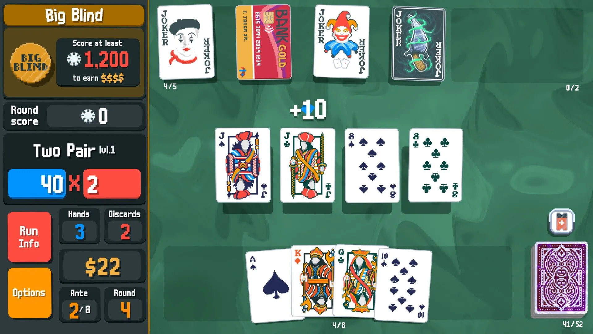 Giao diện game Balatro với các lá bài và điểm số, minh họa lối chơi kết hợp poker và xây dựng bộ bài.
