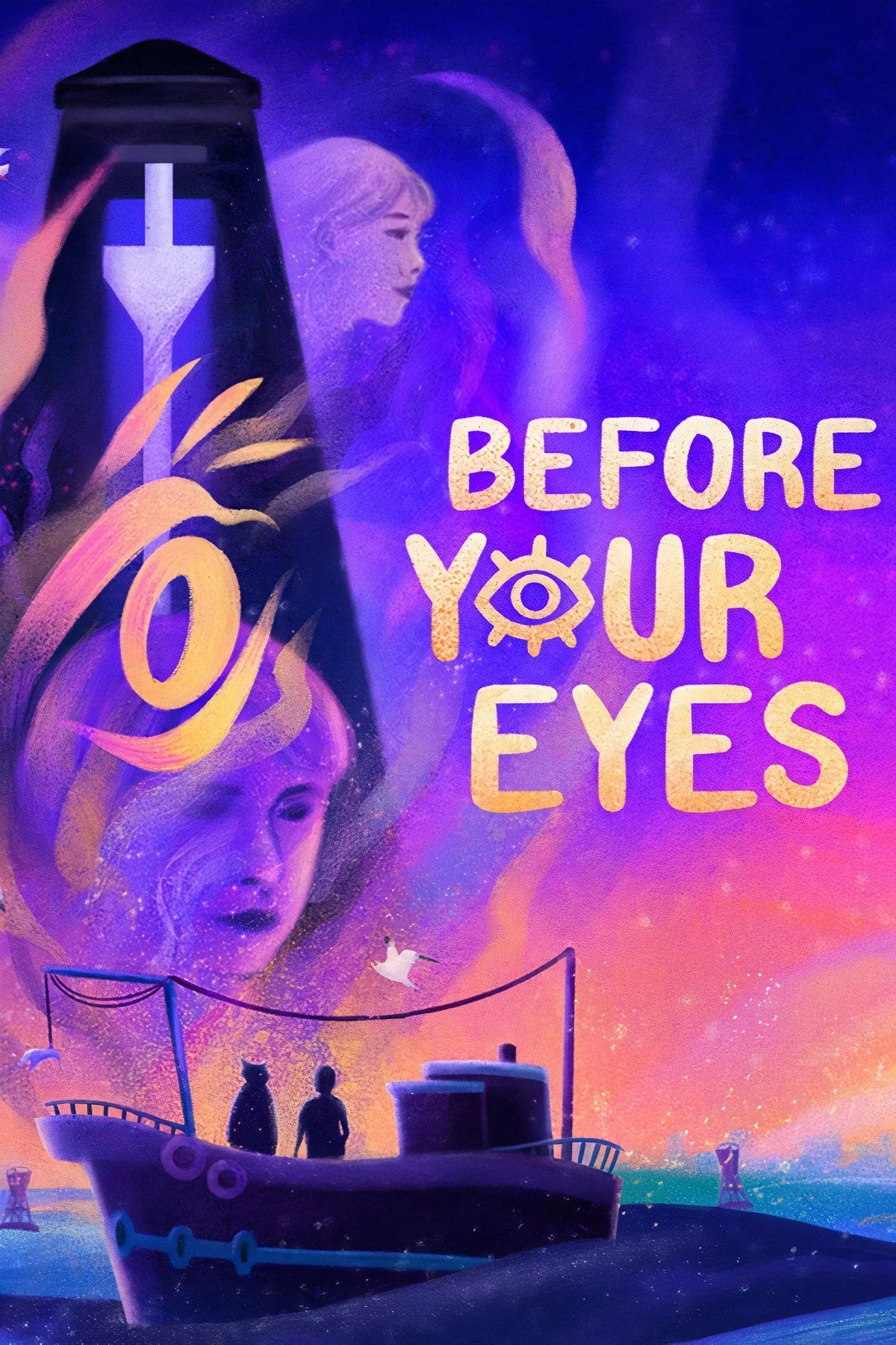 Giao diện game Before Your Eyes với hình ảnh mắt và đồng hồ cát, biểu thị cơ chế điều khiển dựa trên việc chớp mắt.