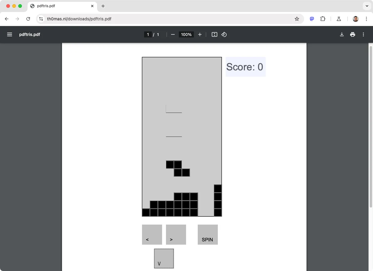 Giao diện game Tetris đang chạy trực tiếp trên file PDF trong trình duyệt Chrome, thể hiện các khối gạch và điểm số.