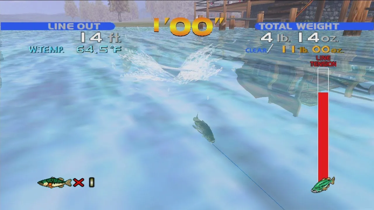 Giao diện gameplay của Sega Bass Fishing, hiển thị người chơi đang kéo cá với các chỉ số và đồ họa dưới nước.