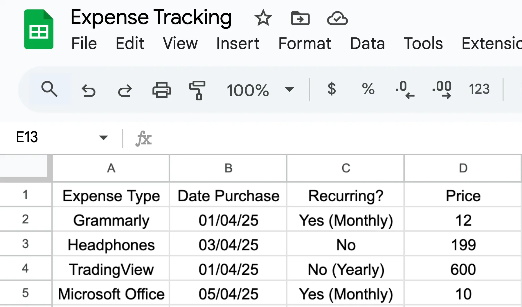 Giao diện Google Sheets hiển thị việc theo dõi chi phí hàng tháng của freelancer.