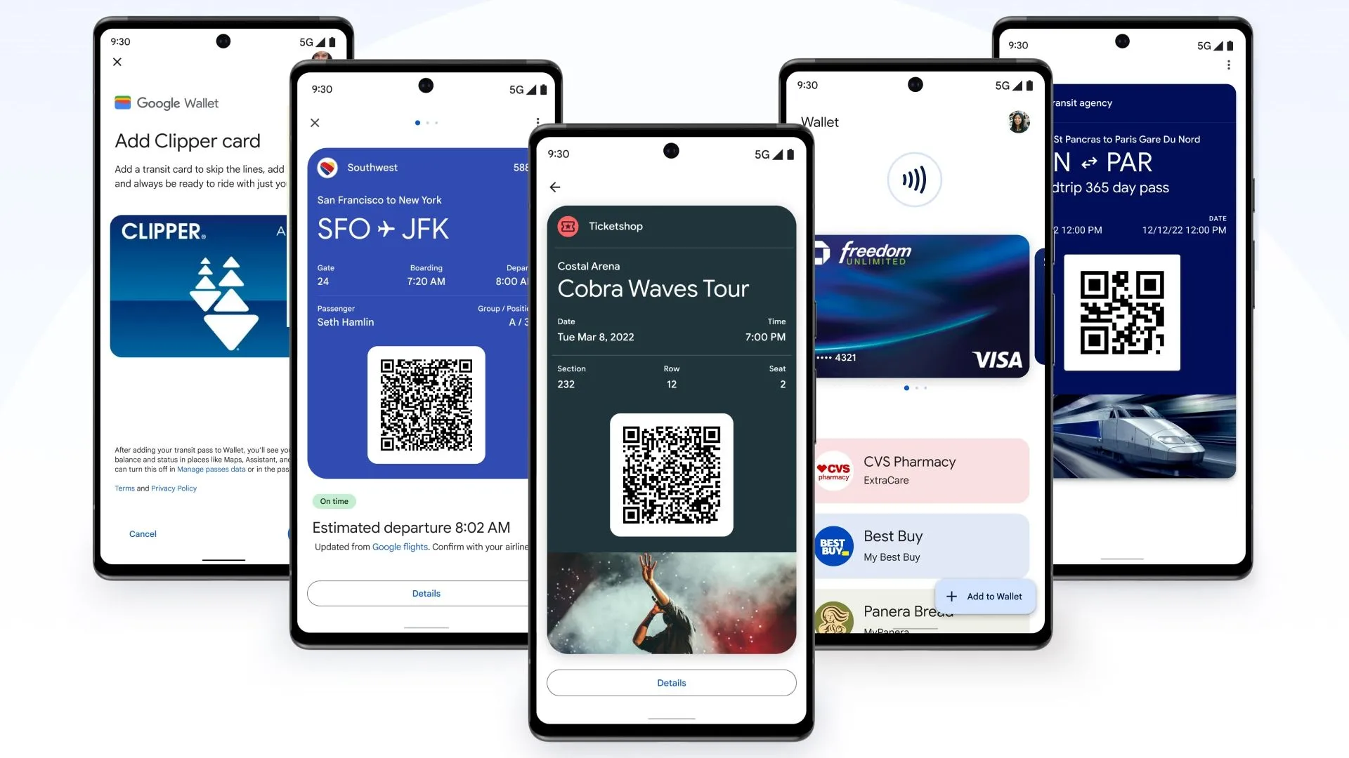 Giao diện Google Wallet hiển thị đa dạng các loại thẻ, vé, và giấy tờ tùy thân được số hóa