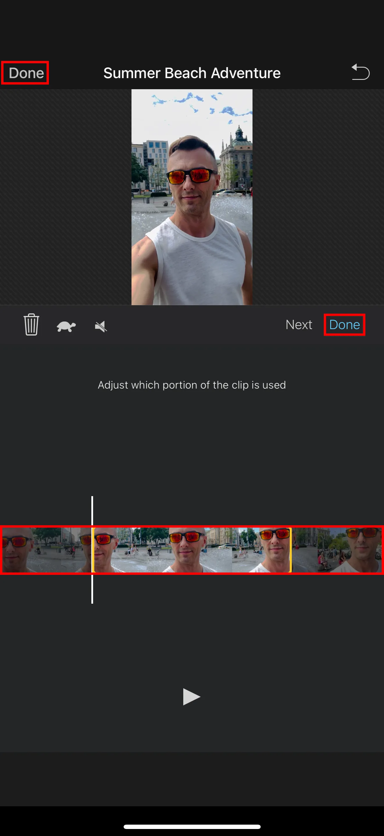Giao diện iMovie trên iPhone hiển thị công cụ cắt video để điều chỉnh phần clip sẽ sử dụng.