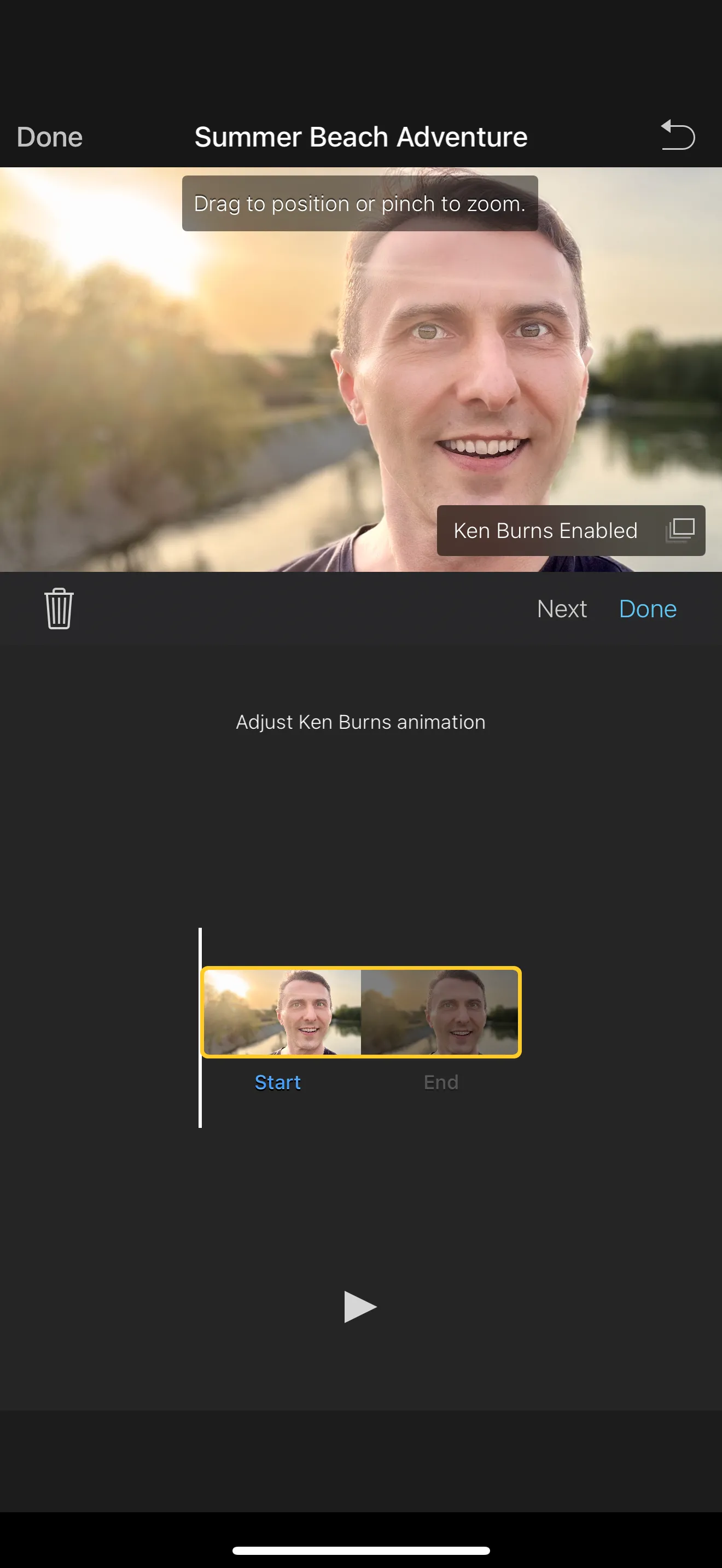 Giao diện iMovie trên iPhone hiển thị tùy chọn điều chỉnh cắt ảnh, phóng to và hiệu ứng Ken Burns.