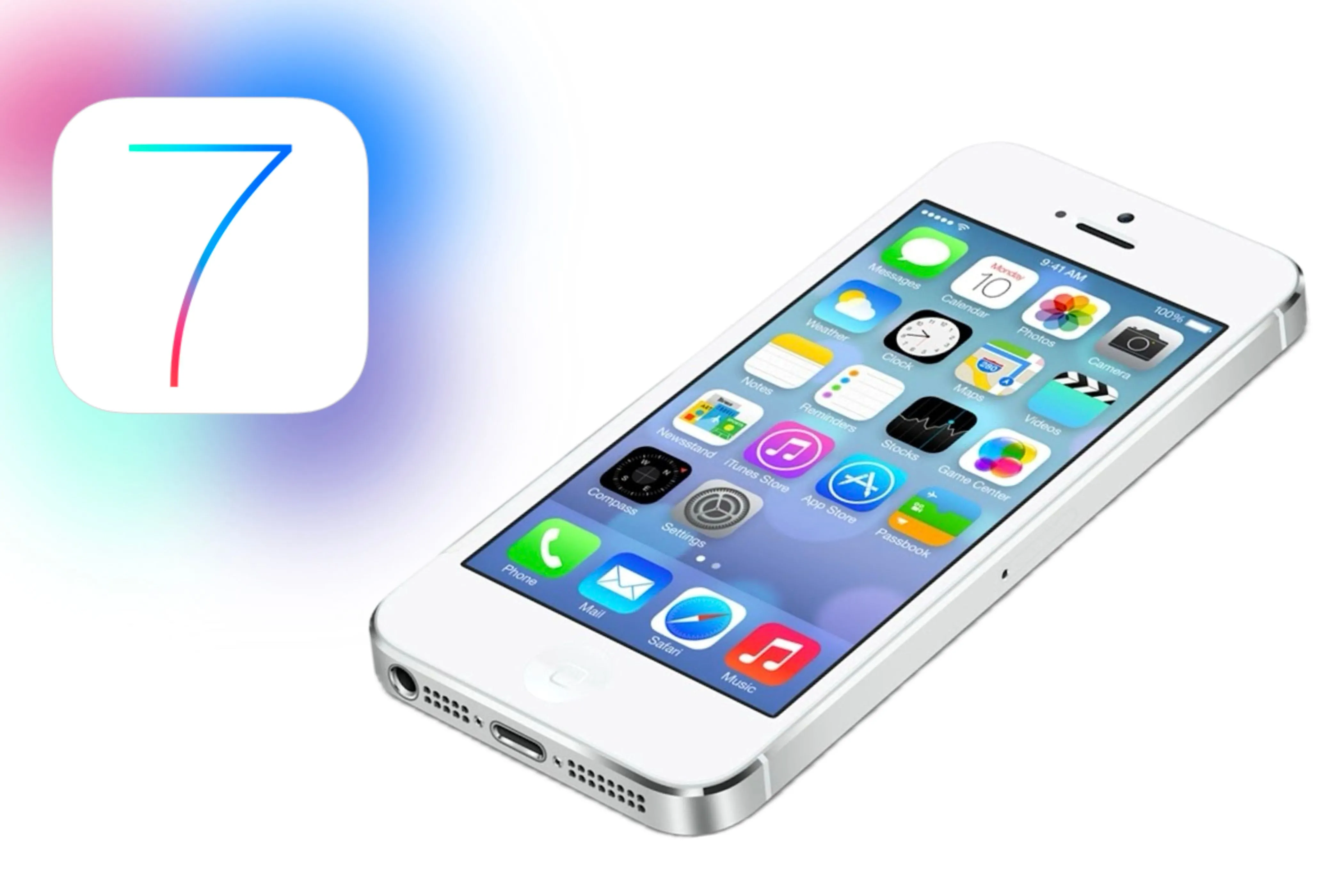 Giao diện iOS 7 với thiết kế phẳng và biểu tượng đầy màu sắc trên iPhone.