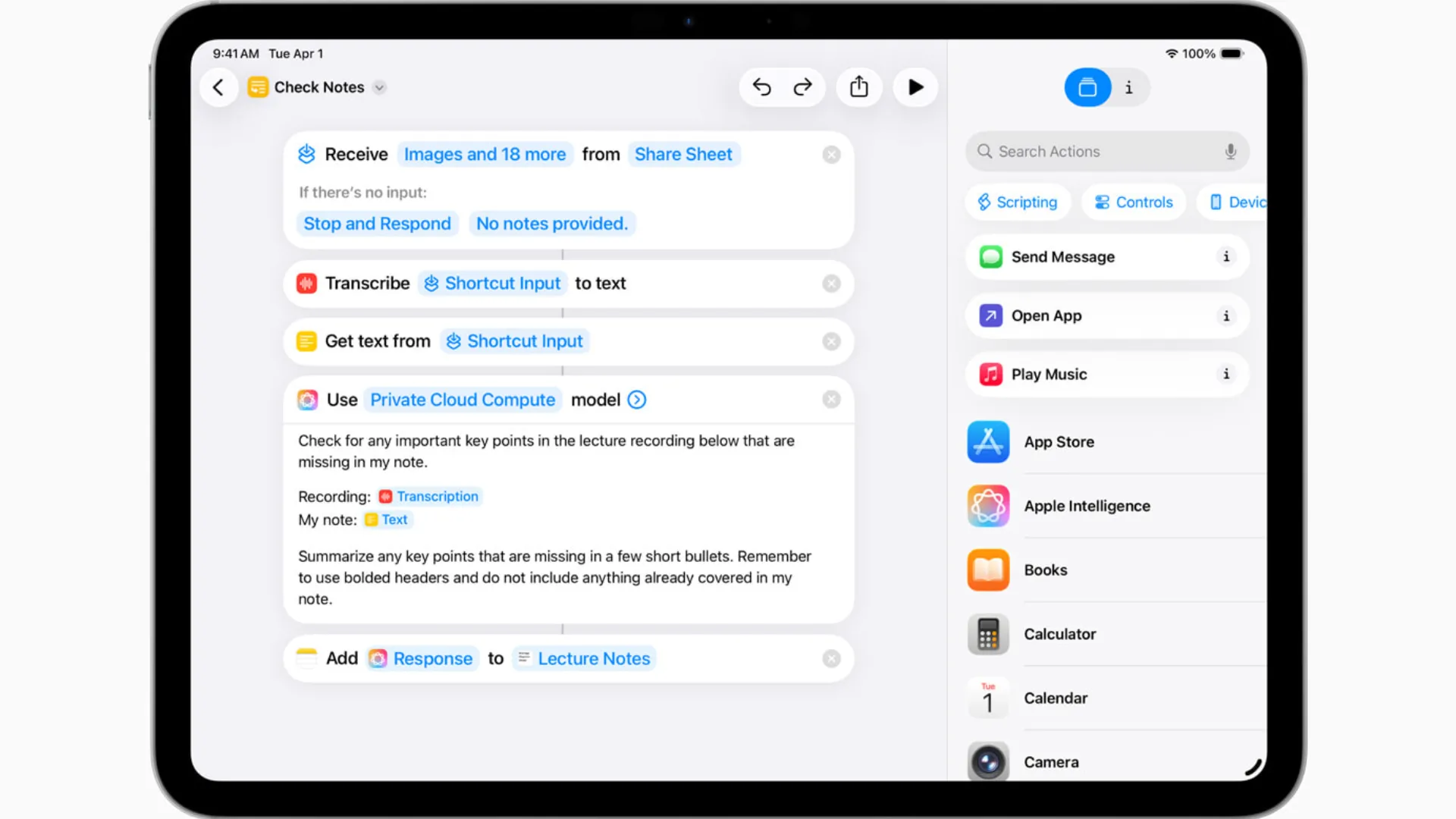 Giao diện iPadOS 26 hiển thị tính năng Phím tắt AI, cho phép tạo tóm tắt văn bản hoặc hình ảnh