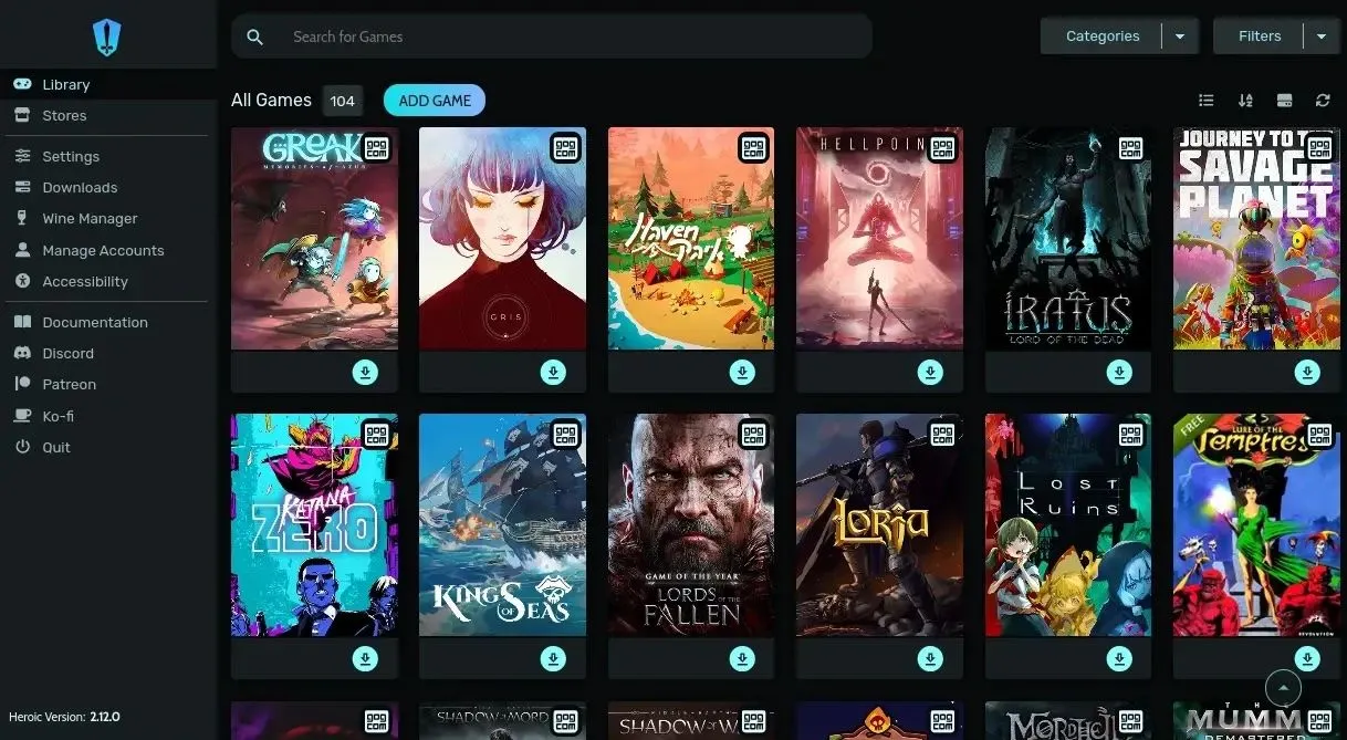 Giao diện khởi chạy Heroic Games Launcher, ứng dụng giúp quản lý và cài đặt game đa nền tảng dễ dàng trên Linux.