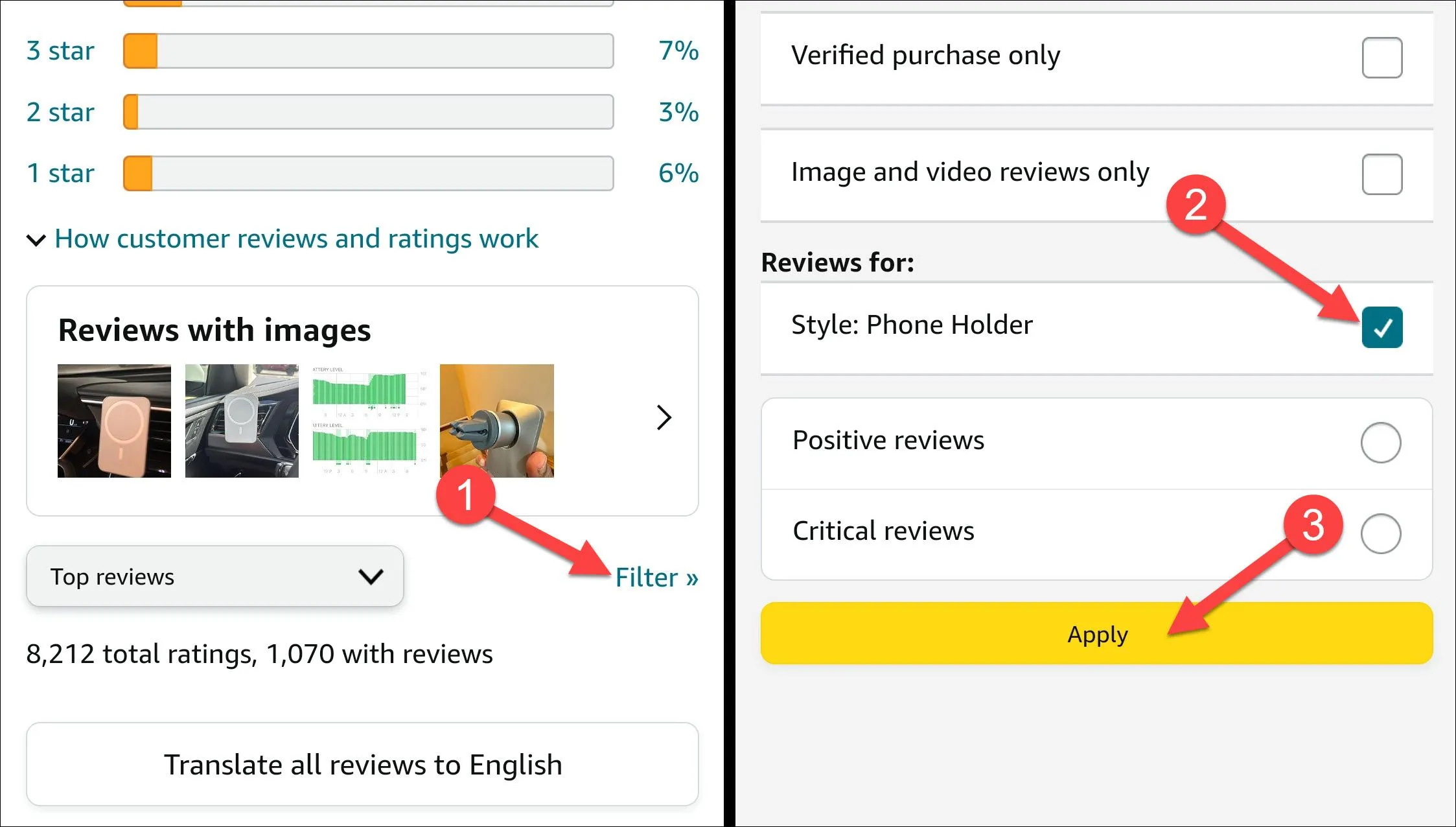Giao diện lọc đánh giá sản phẩm trên ứng dụng Amazon mobile, với tùy chọn chọn cụ thể từng phiên bản.