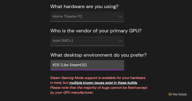 Giao diện lựa chọn phiên bản và môi trường desktop khi tải xuống Bazzite Linux, hiển thị tùy chọn KDE Plasma.