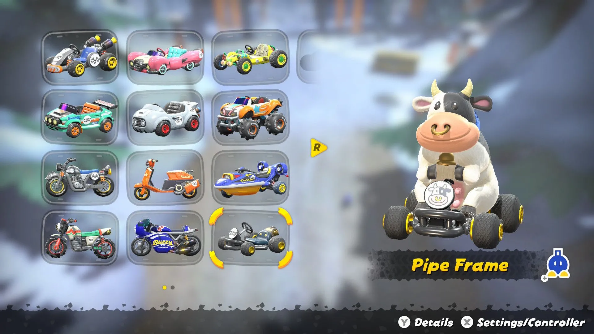 Giao diện lựa chọn xe và nhân vật trong Mario Kart World, thể hiện sự phong phú của tùy chỉnh.