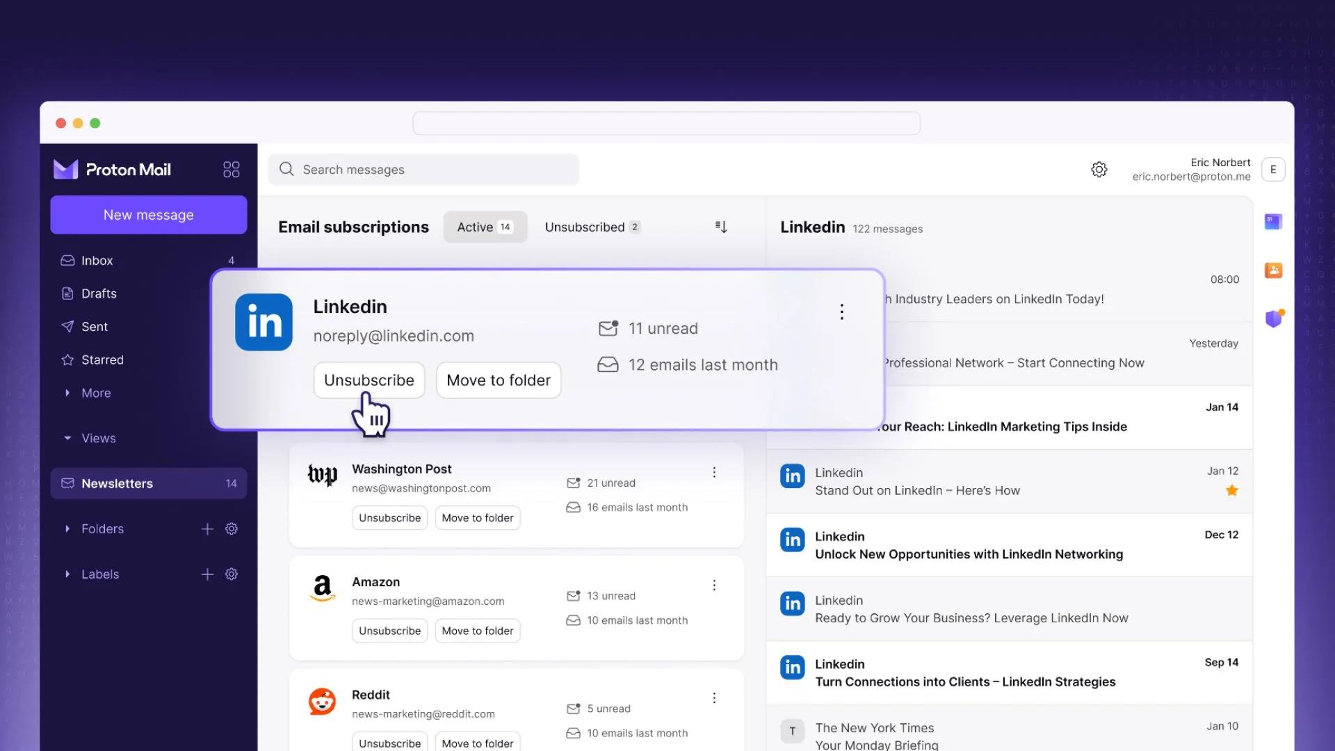 Giao diện mới của Proton Mail hiển thị tính năng Newsletter View giúp người dùng dễ dàng quản lý email đăng ký và hủy đăng ký.