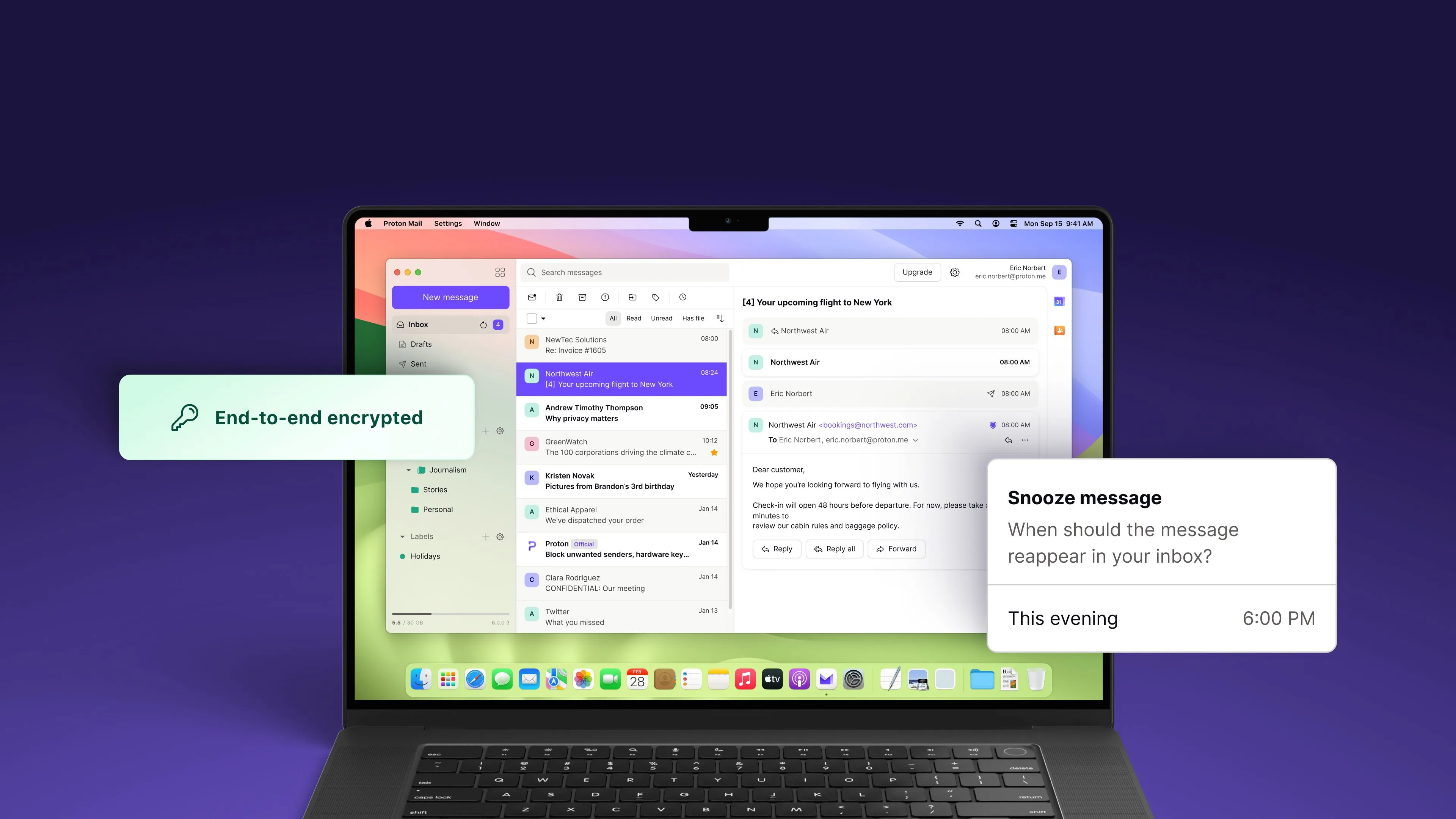 Giao diện người dùng của ứng dụng Proton Mail desktop beta, hiển thị hộp thư đến và các email đã được mã hóa