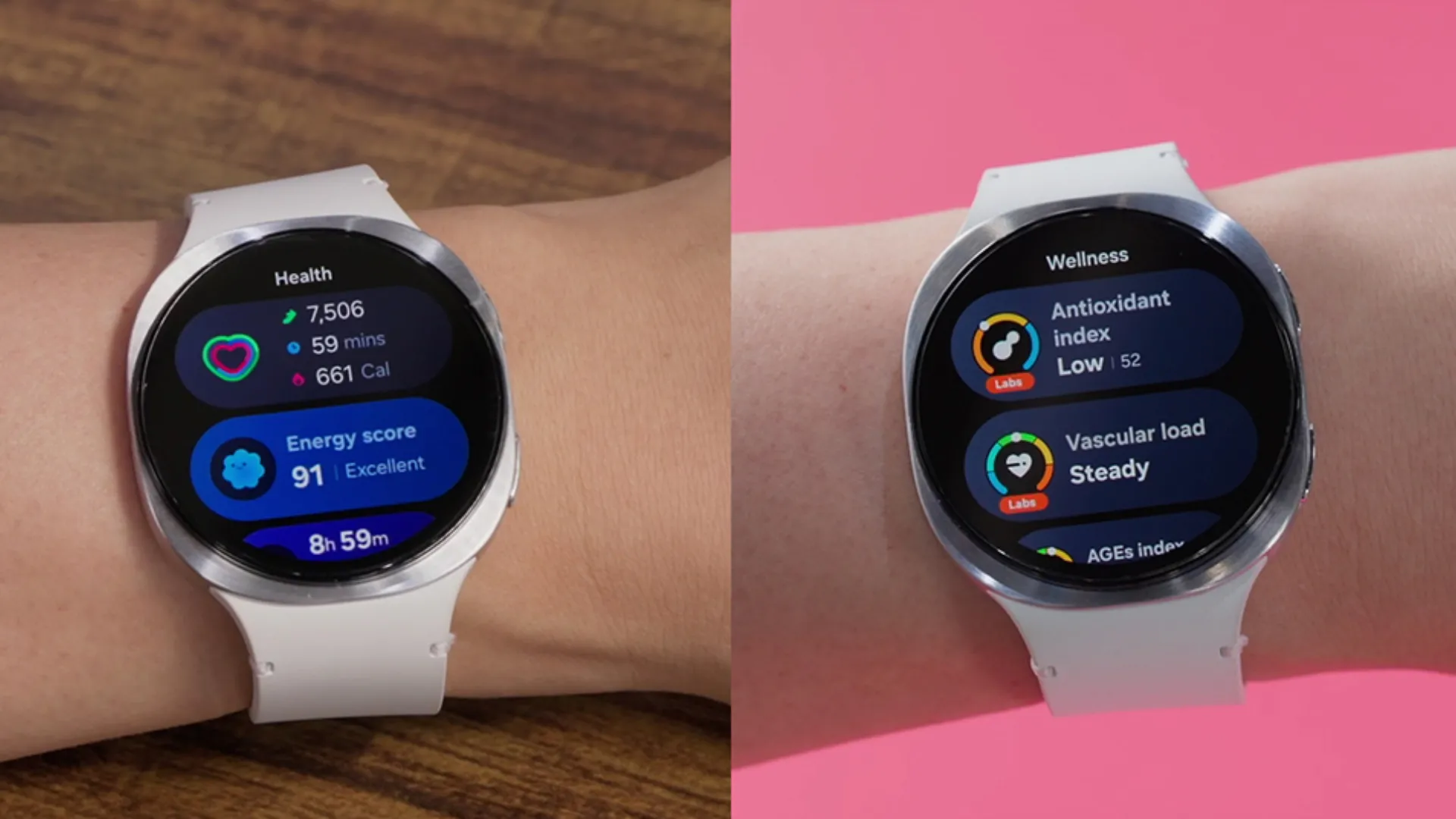 Giao diện One UI Watch 8 mới trên Samsung Galaxy Watch 8, hiển thị các ô thông tin đa chức năng và tính năng theo dõi sức khỏe.