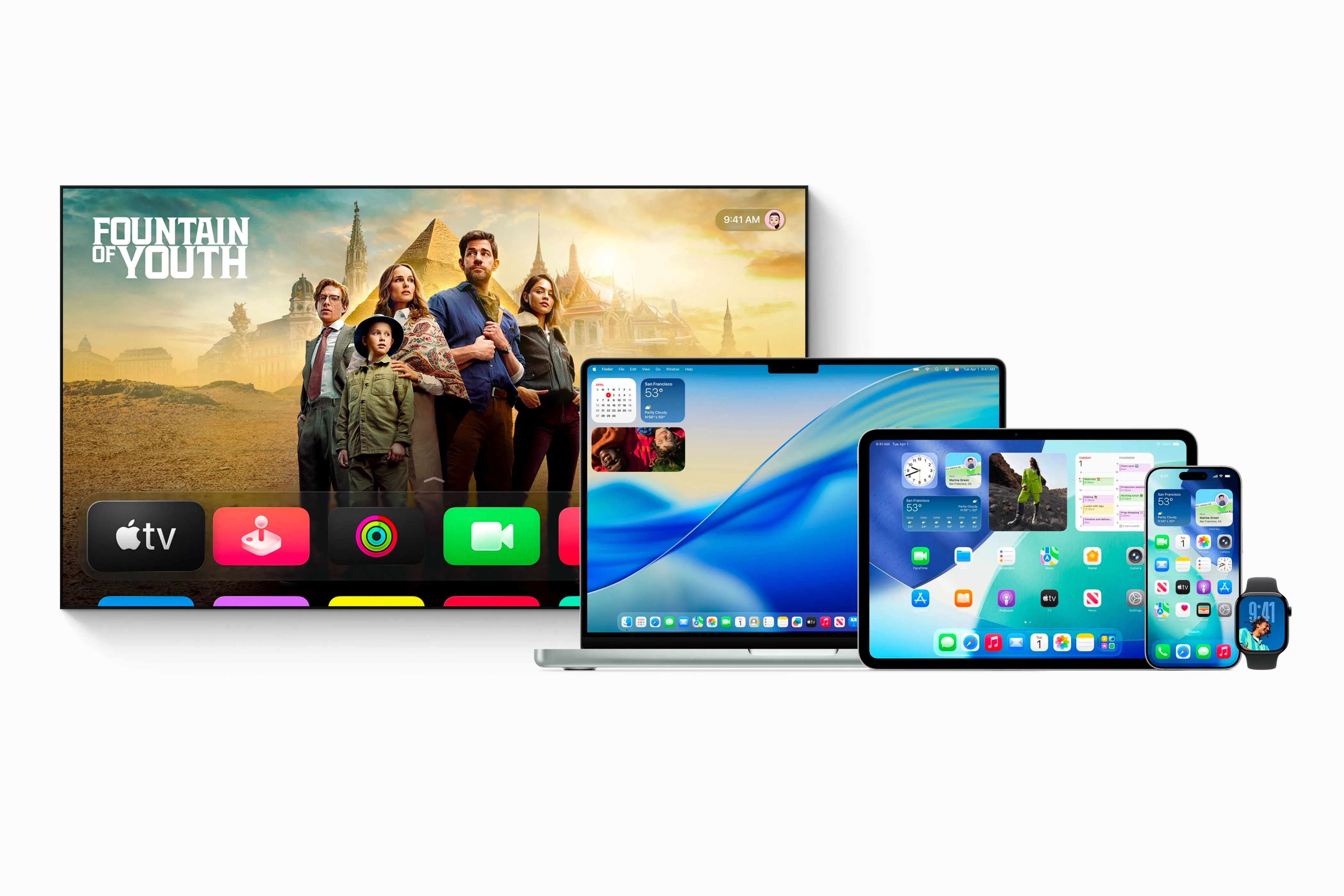 Giao diện OS 26 với phong cách Liquid Glass trên các thiết bị iPhone, iPad, Apple Watch, Mac và Apple TV.