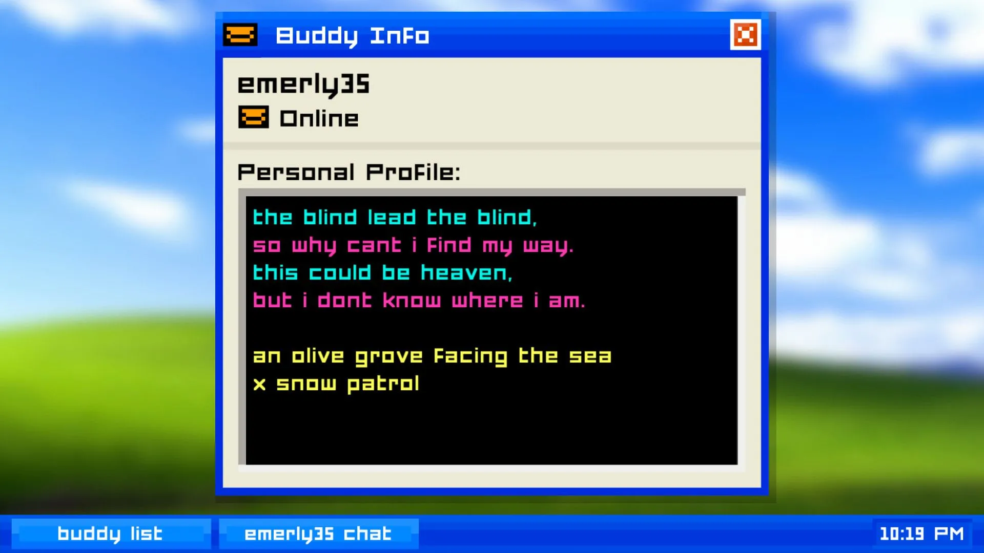 Giao diện phòng chat kiểu cũ trong game Emily is Away, nơi diễn ra cuộc trò chuyện đầy cảm xúc với Emily.