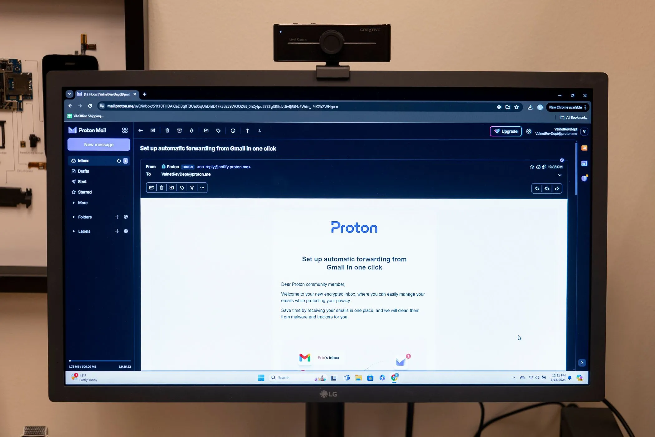 Giao diện Proton Mail trên trình duyệt máy tính, một trong những dịch vụ bí danh email hàng đầu với khả năng mã hóa mạnh mẽ.