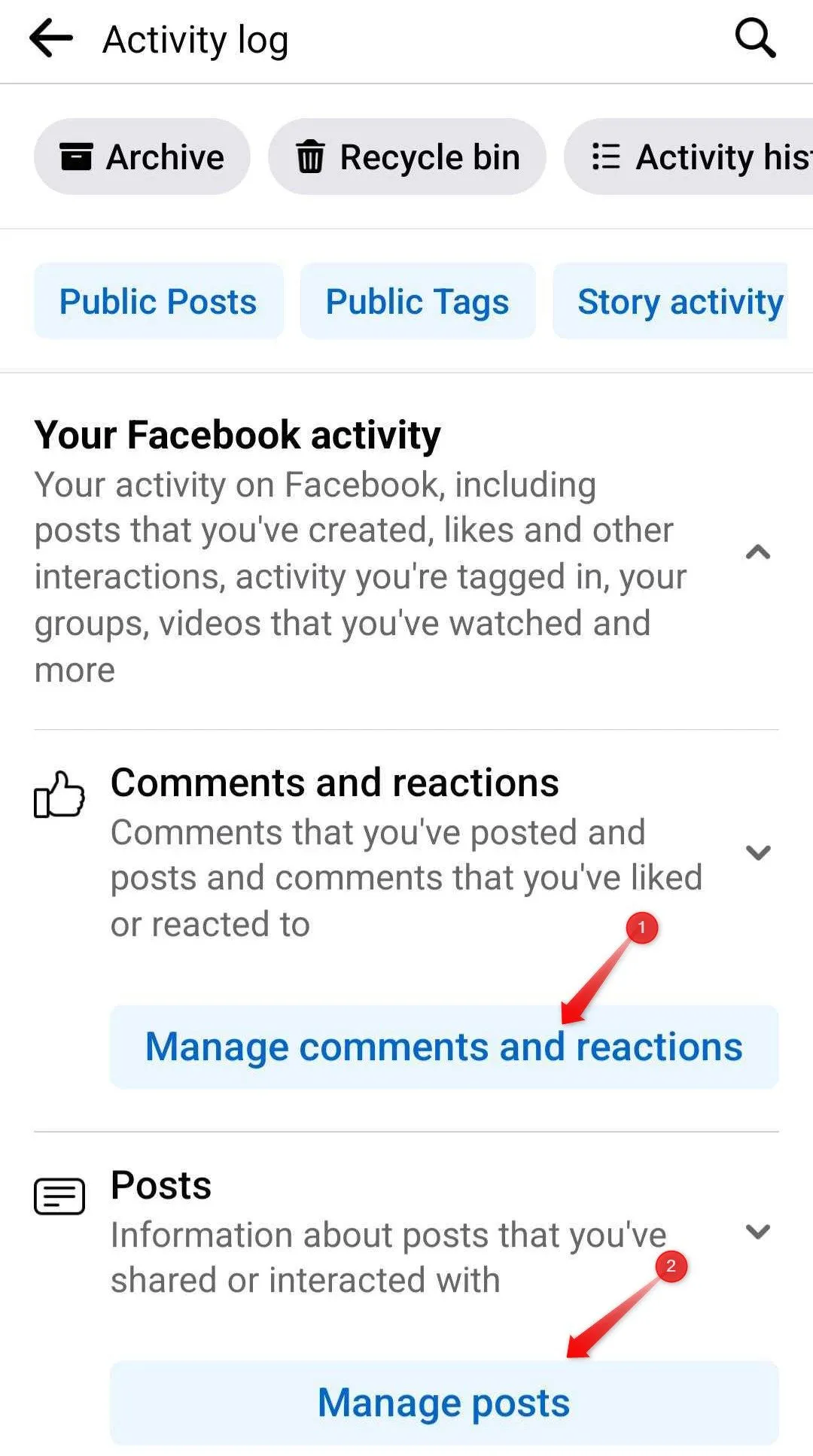 Giao diện quản lý Bình luận và Phản ứng trong Nhật ký hoạt động của Facebook, giúp bạn rà soát lại các tương tác cũ với tài khoản nghi vấn.