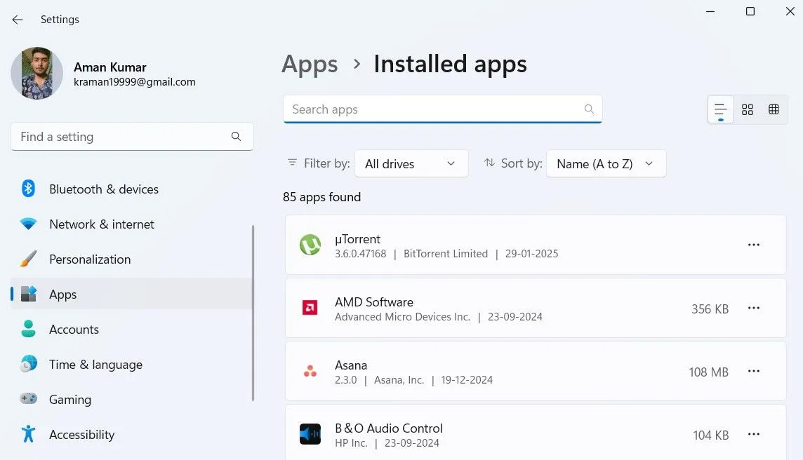 Giao diện quản lý các ứng dụng đã cài đặt trên Windows 11 để gỡ bỏ ứng dụng không cần thiết