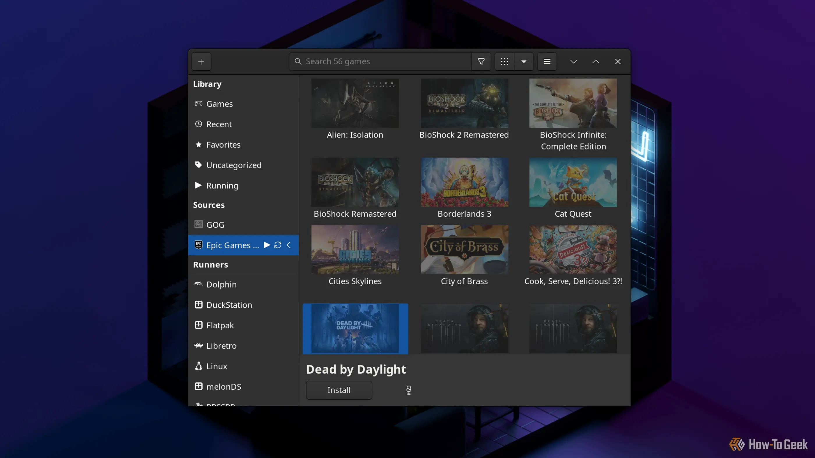 Giao diện quản lý game Lutris hiển thị các tựa game đã mua từ Epic Games Store, sẵn sàng để cài đặt và chơi.