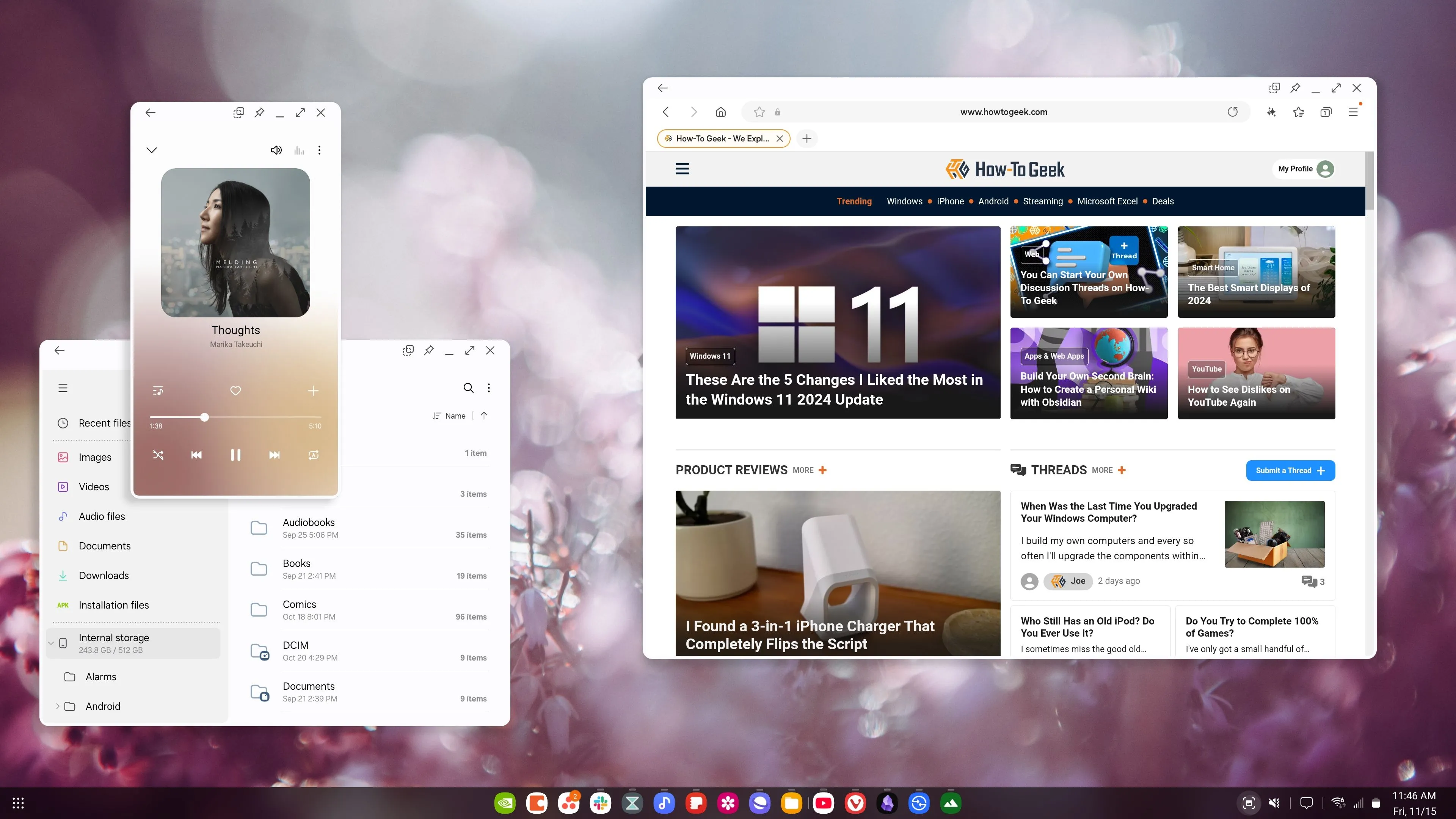 Giao diện Samsung DeX đa nhiệm với nhiều ứng dụng đang mở trên màn hình desktop