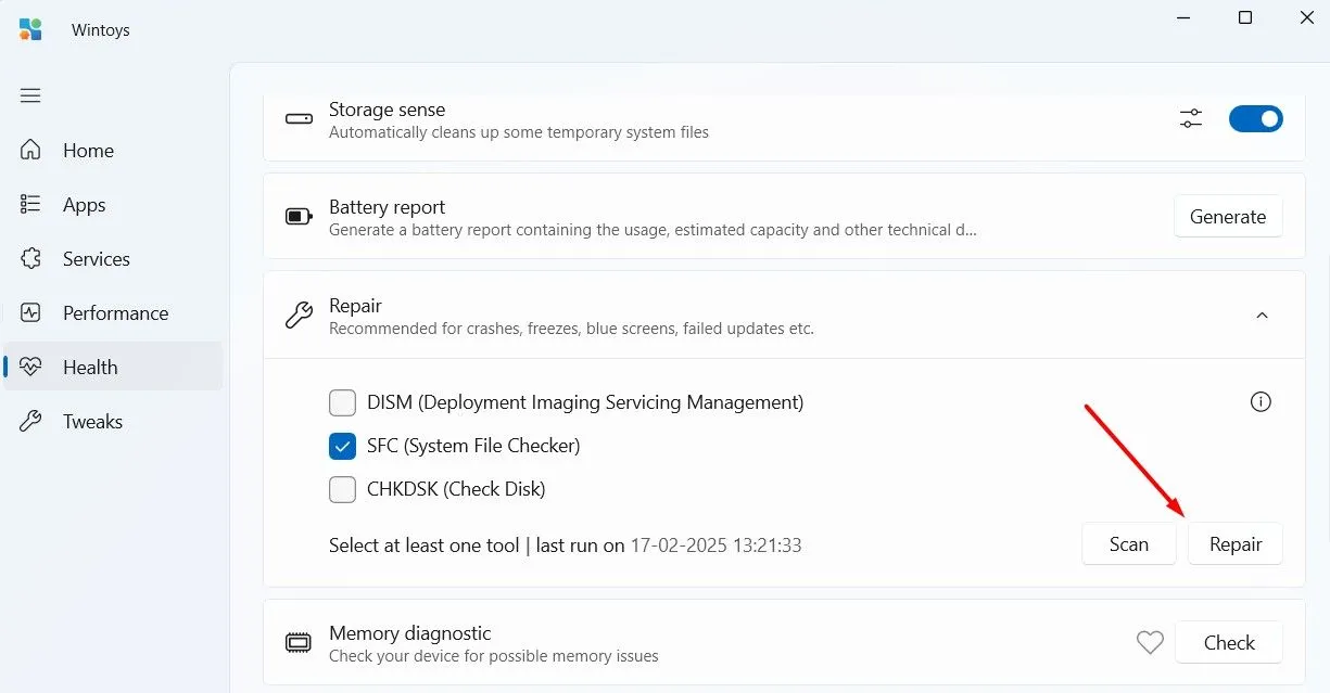 Giao diện sửa chữa hệ thống trong Wintoys (SFC, DISM, CHKDSK)