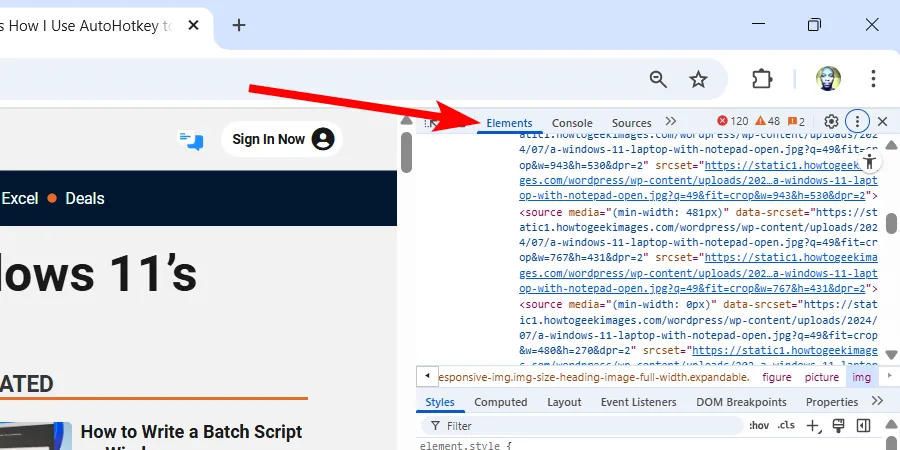 Giao diện tab Elements của công cụ kiểm tra Chrome hiển thị cấu trúc HTML và CSS của trang web.
