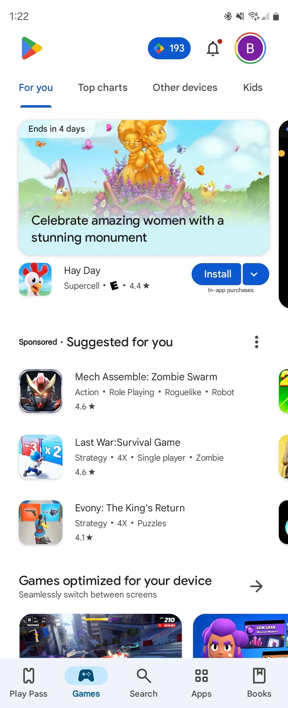 Giao diện tab "Trò chơi" trên Google Play Store với các gợi ý game được xếp hạng cao.