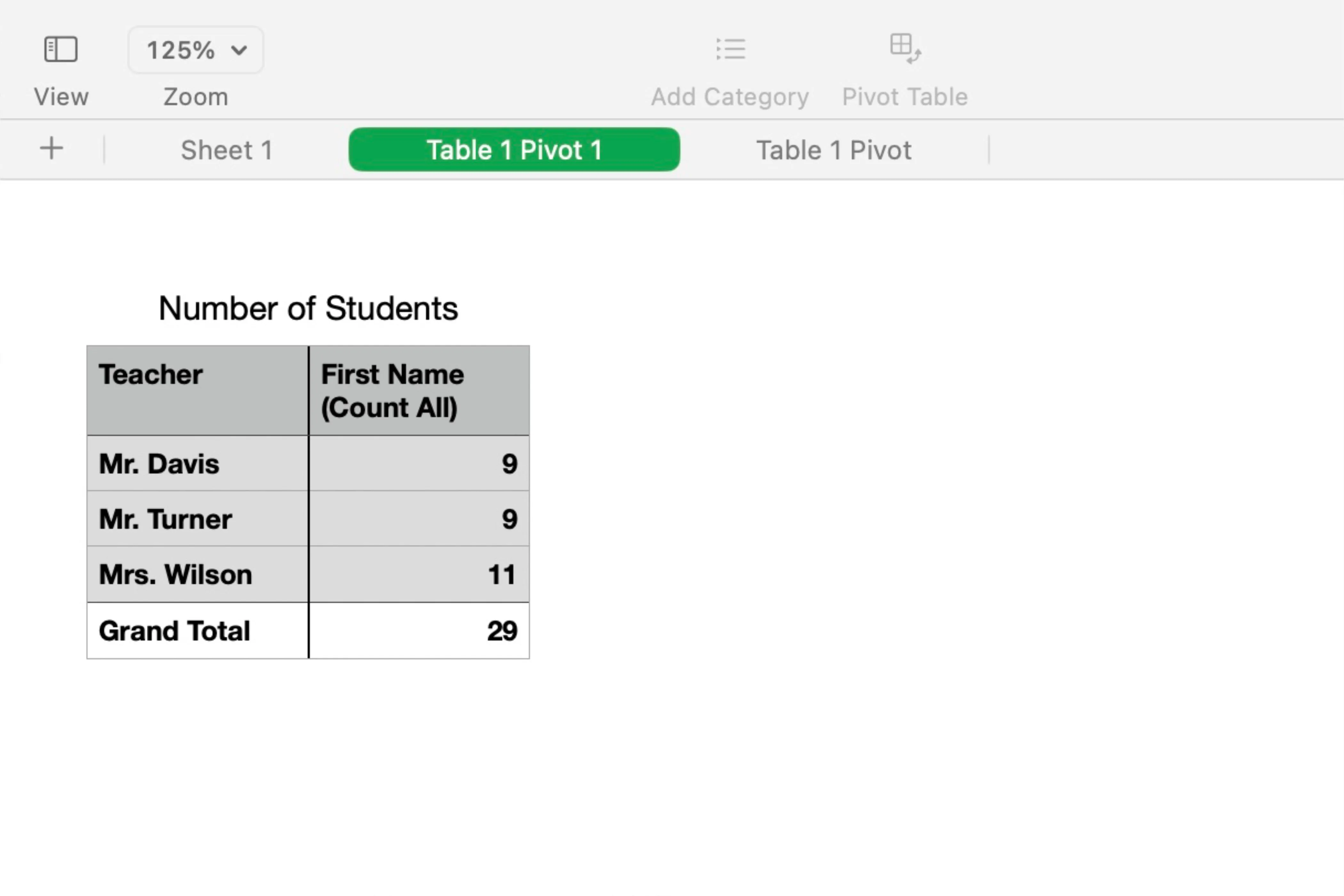 Giao diện tạo bảng tổng hợp (Pivot Table) trong ứng dụng Numbers trên máy Mac