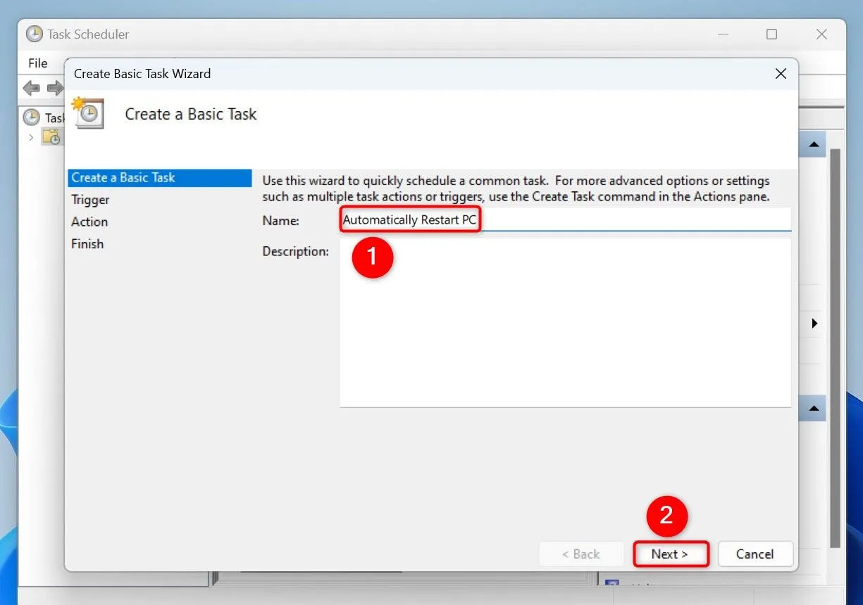 Giao diện Task Scheduler hiển thị các bước tạo tác vụ cơ bản để tự động khởi động lại máy tính Windows 11