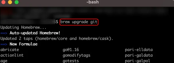 Giao diện Terminal trên macOS hiển thị lệnh 'brew upgrade git' để cập nhật Git thông qua Homebrew.