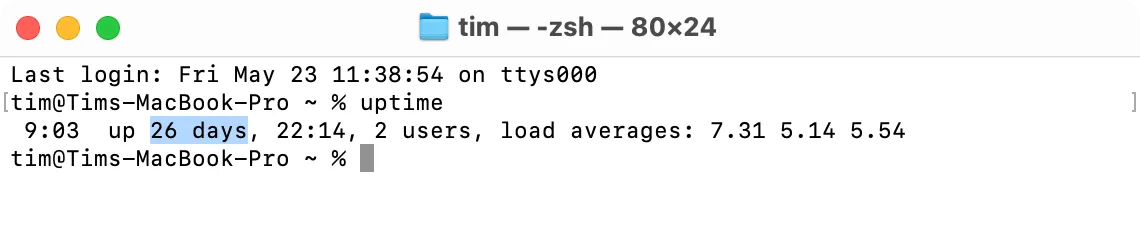 Giao diện Terminal trên macOS hiển thị thời gian hoạt động của hệ thống (uptime) là 26 ngày, minh họa sự ổn định của macOS.