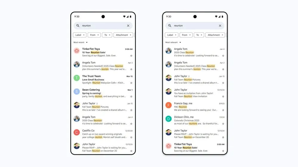 Giao diện tìm kiếm Gmail mới với thuật toán AI, hiển thị kết quả liên quan nhất