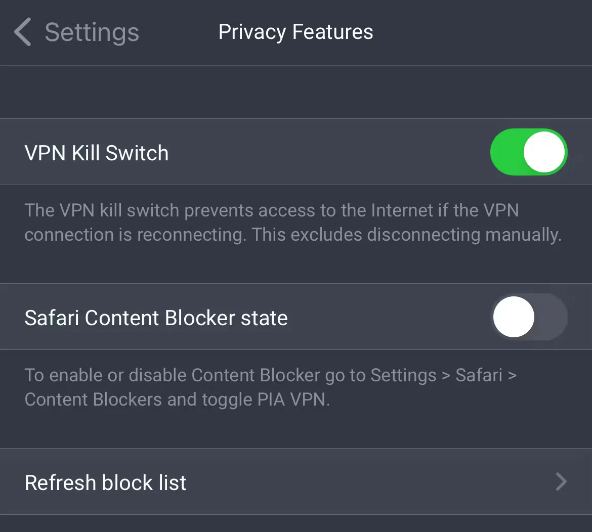 Giao diện tính năng Kill Switch trong ứng dụng VPN Private Internet Access trên iPhone.