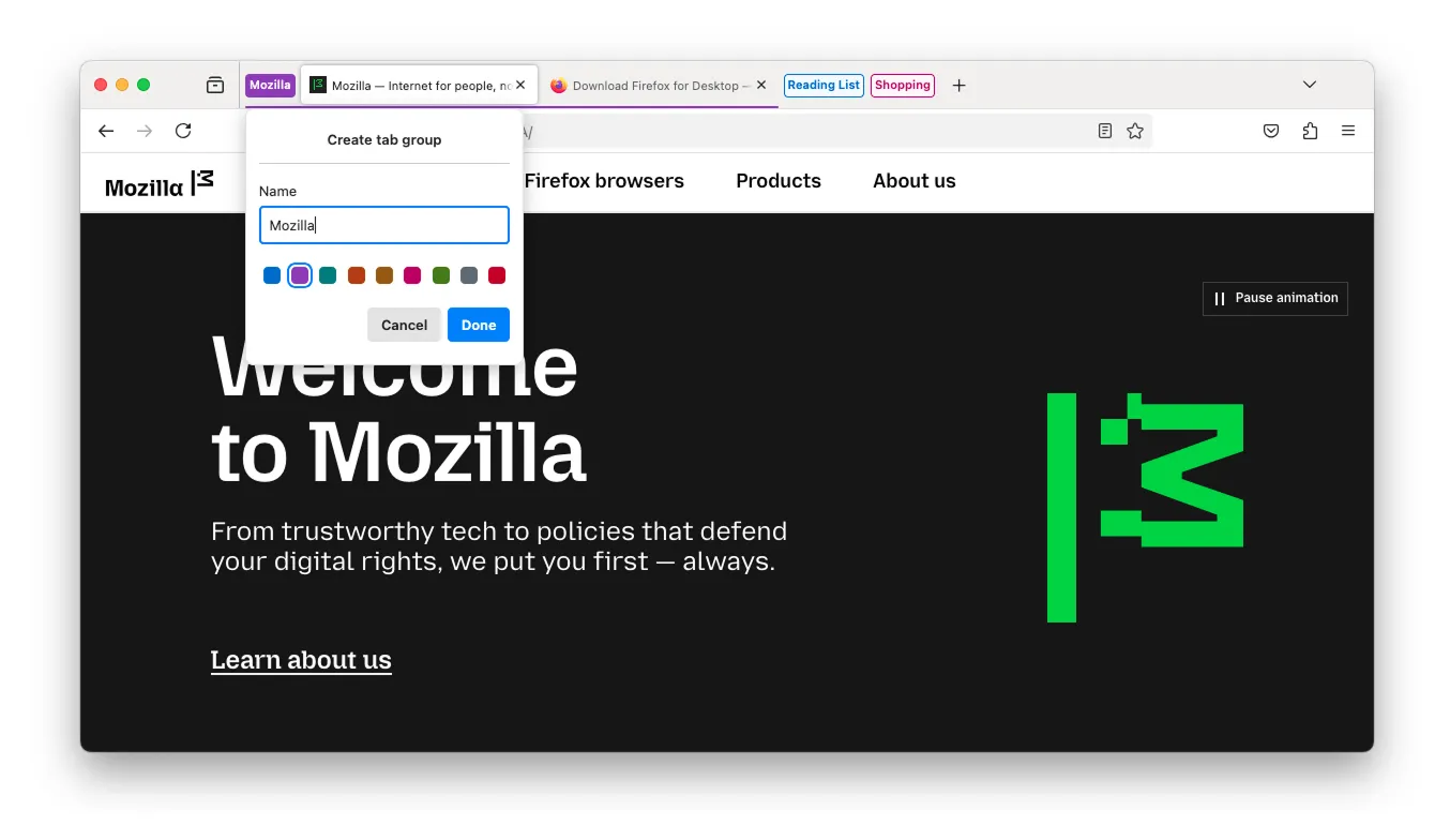 Giao diện tính năng Nhóm Tab (Tab Groups) trên trình duyệt Mozilla Firefox phiên bản 137, giúp người dùng quản lý và sắp xếp các tab một cách hiệu quả.