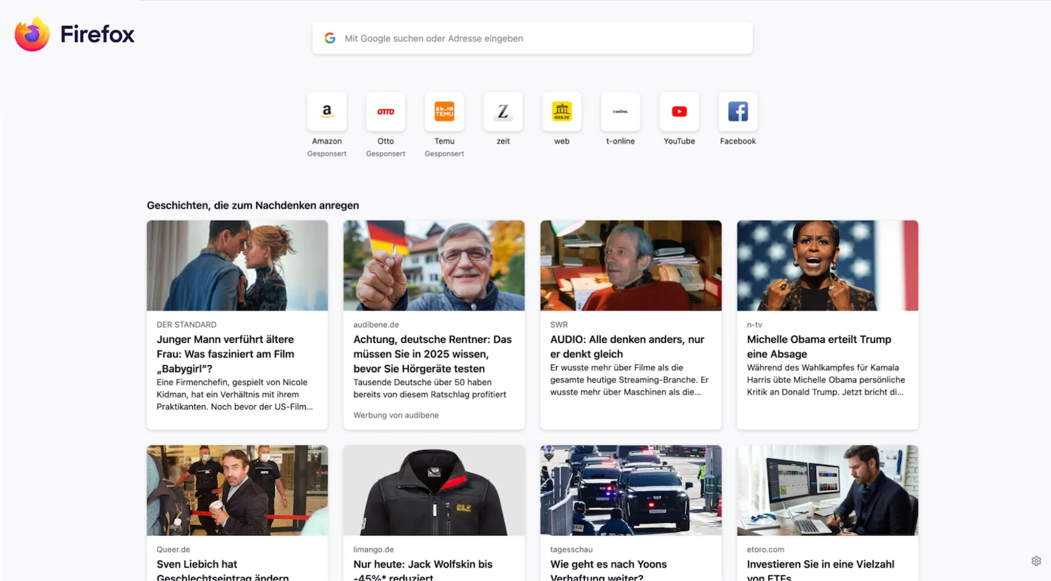 Giao diện trang tab mới của Firefox 135 hiển thị các tin tức đề xuất, thanh tìm kiếm và biểu tượng truy cập nhanh.