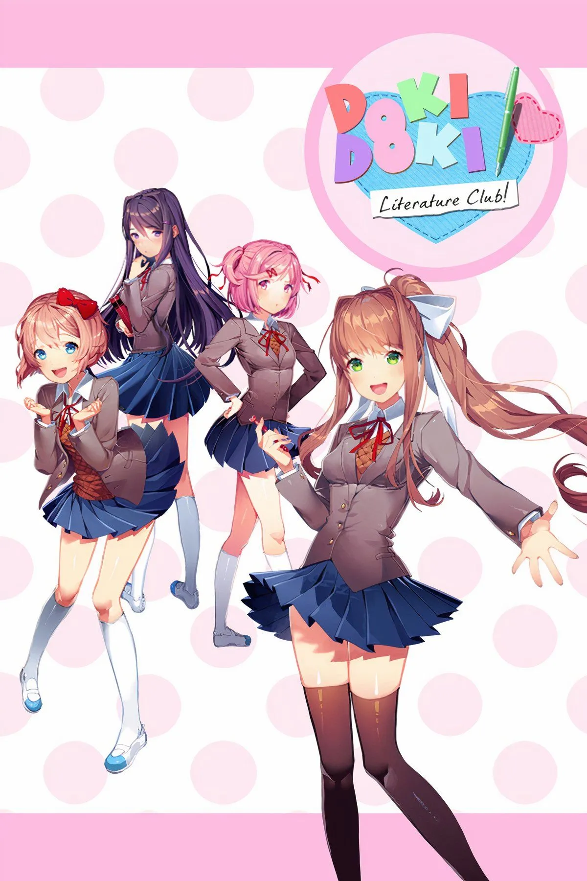 Giao diện trò chơi Doki Doki Literature Club với các nhân vật nữ và văn bản