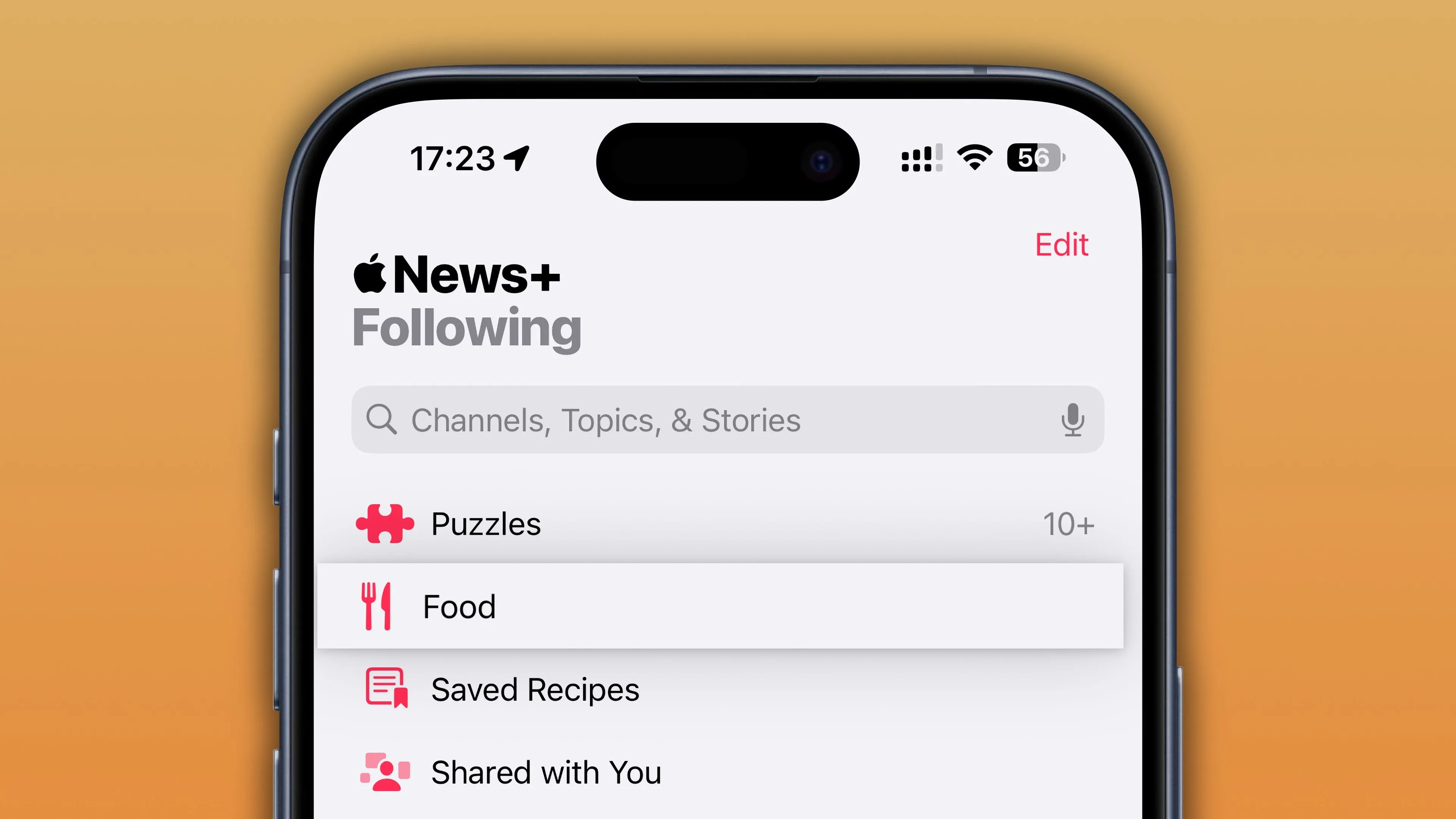 Giao diện ứng dụng Apple News với tab &quot;Following&quot; đã chọn mục &quot;Food&quot;, gợi ý các công thức nấu ăn lành mạnh