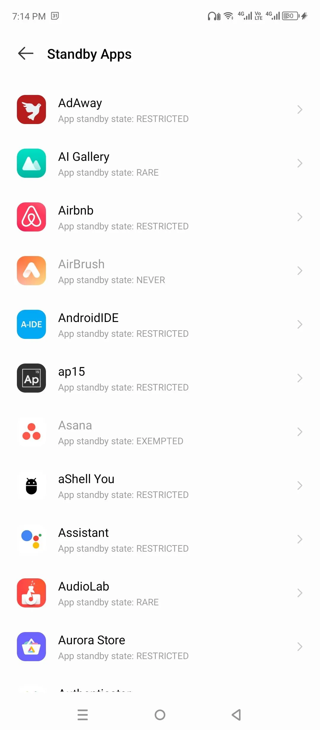 Giao diện ứng dụng chờ (Standby Apps) cho phép quản lý cách Android quản lý ứng dụng chạy nền
