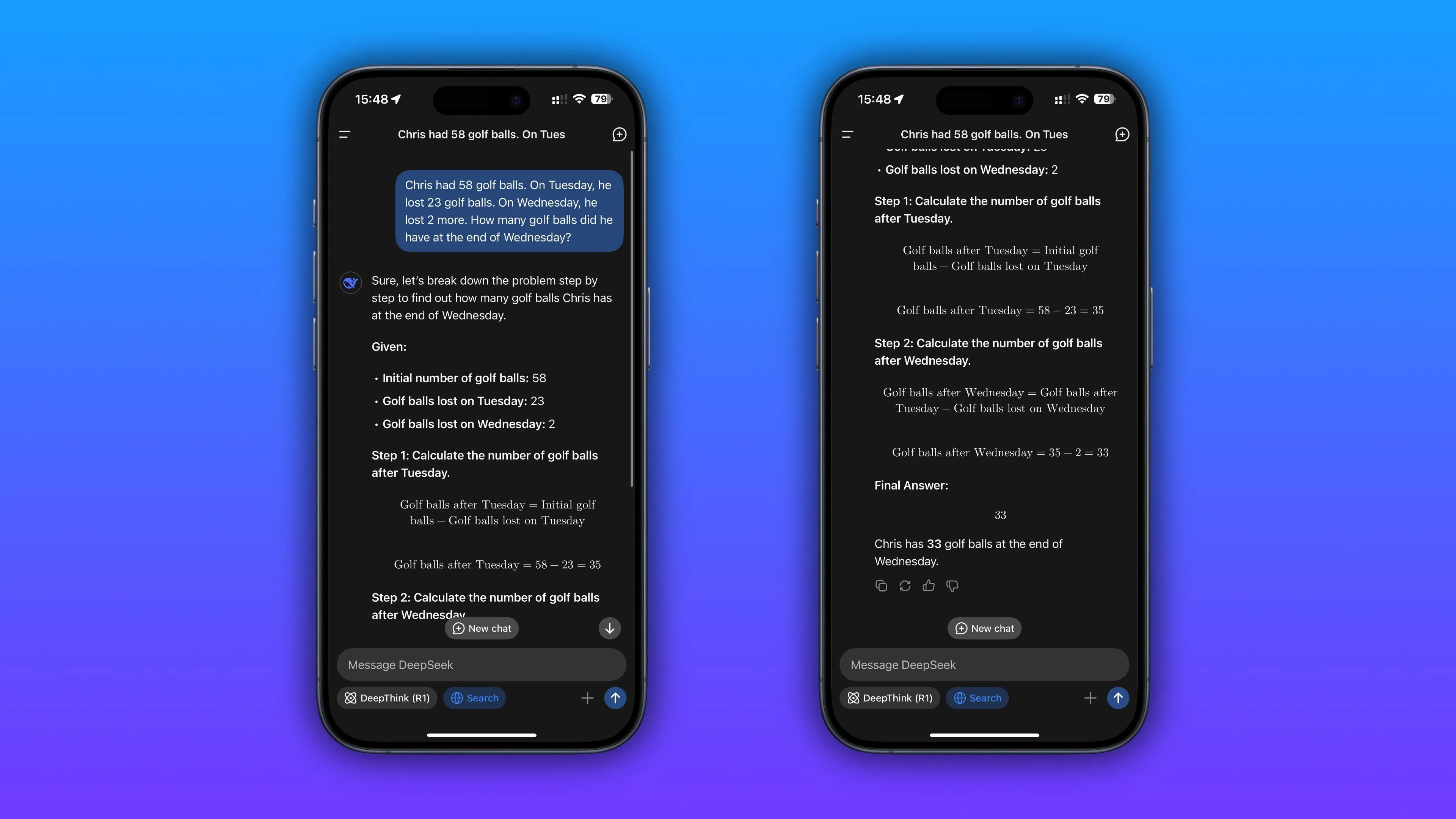 Giao diện ứng dụng DeepSeek AI trên iPhone hiển thị ví dụ về khả năng suy luận và giải thích của chatbot.