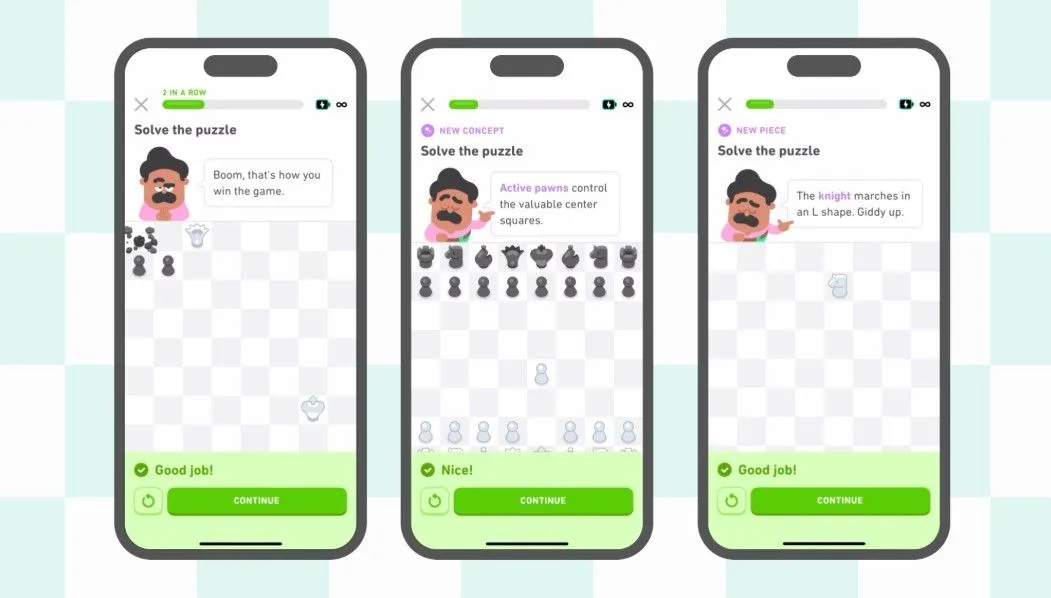 Giao diện ứng dụng Duolingo với khóa học cờ vua mới, hiển thị các bài tập và nhân vật Oscar