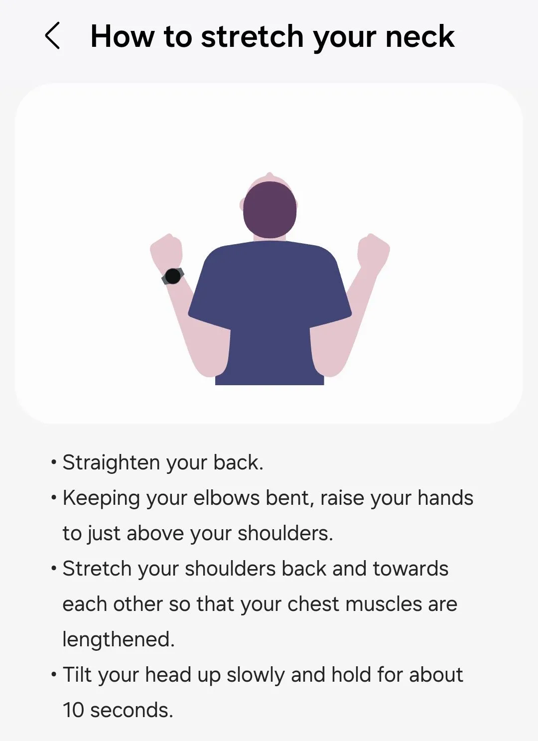 Giao diện ứng dụng Galaxy Wearable hiển thị các bài tập kéo giãn cổ để cải thiện tư thế.