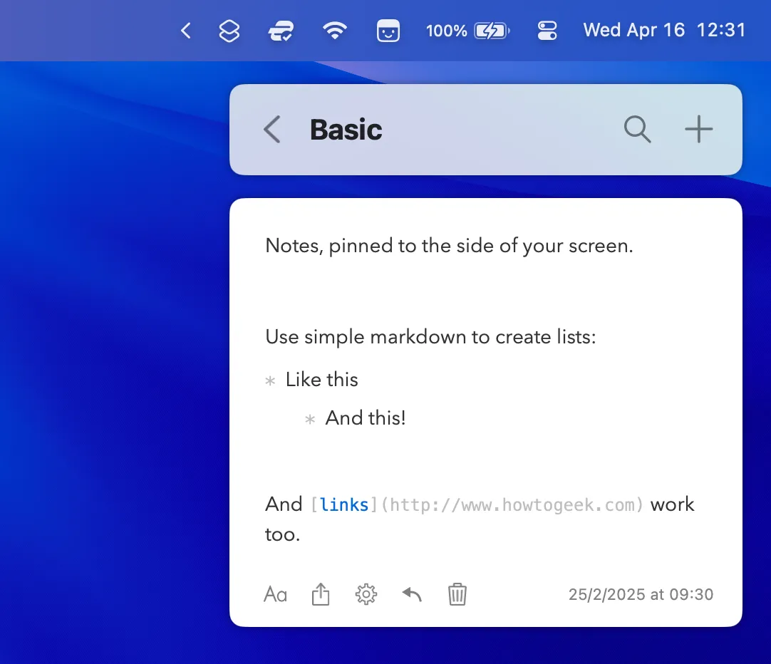 Giao diện ứng dụng SideNotes trên macOS hiển thị ghi chú dán ở cạnh màn hình.